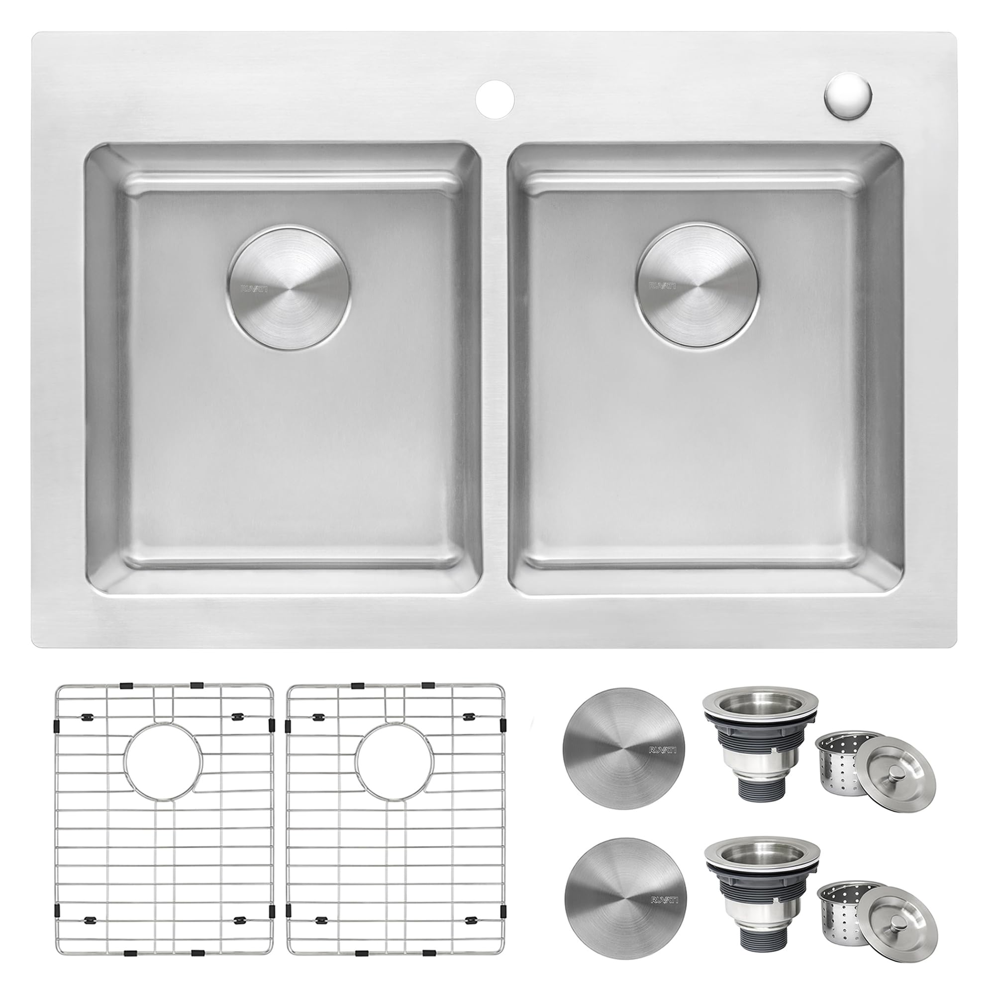 Ruvati 33 x 22 Inch Topmount Double Bowl Kitchen Sink - 16 Gauge T-304 Stainless Steel Drop-in Sink with Brushed Finish - Perfect for Modern Kitchens, Dishwashing & Food Prep (Model RVM5150)