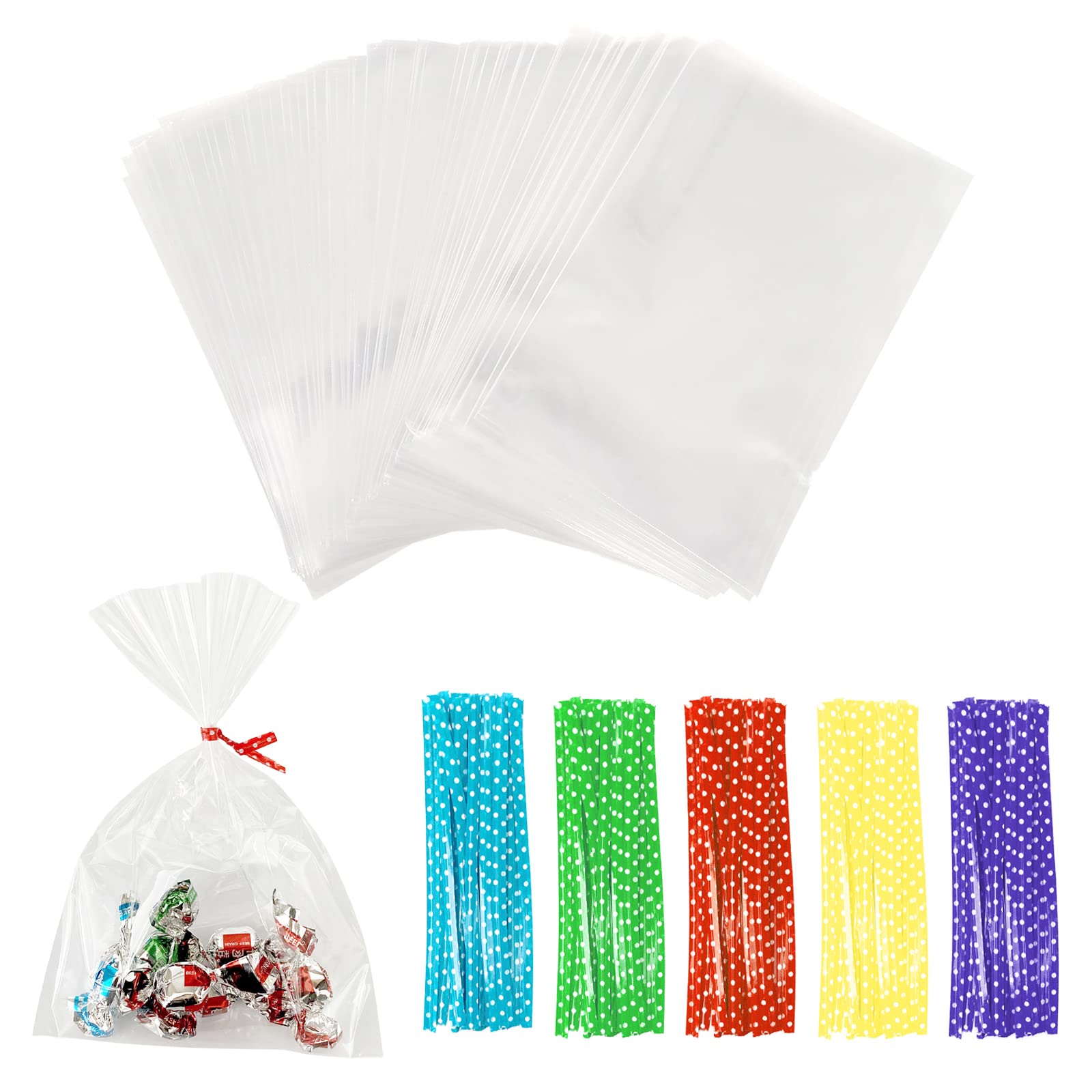 100PCS 5x7 Inch Clear Cellophane Bags with 4'' Ties - Small Gift Bags for Candy, Rice Crispy Treats, Cake Pops & Party Favors - Perfect for Christmas, Thanksgiving, Halloween & Birthday Celebrations