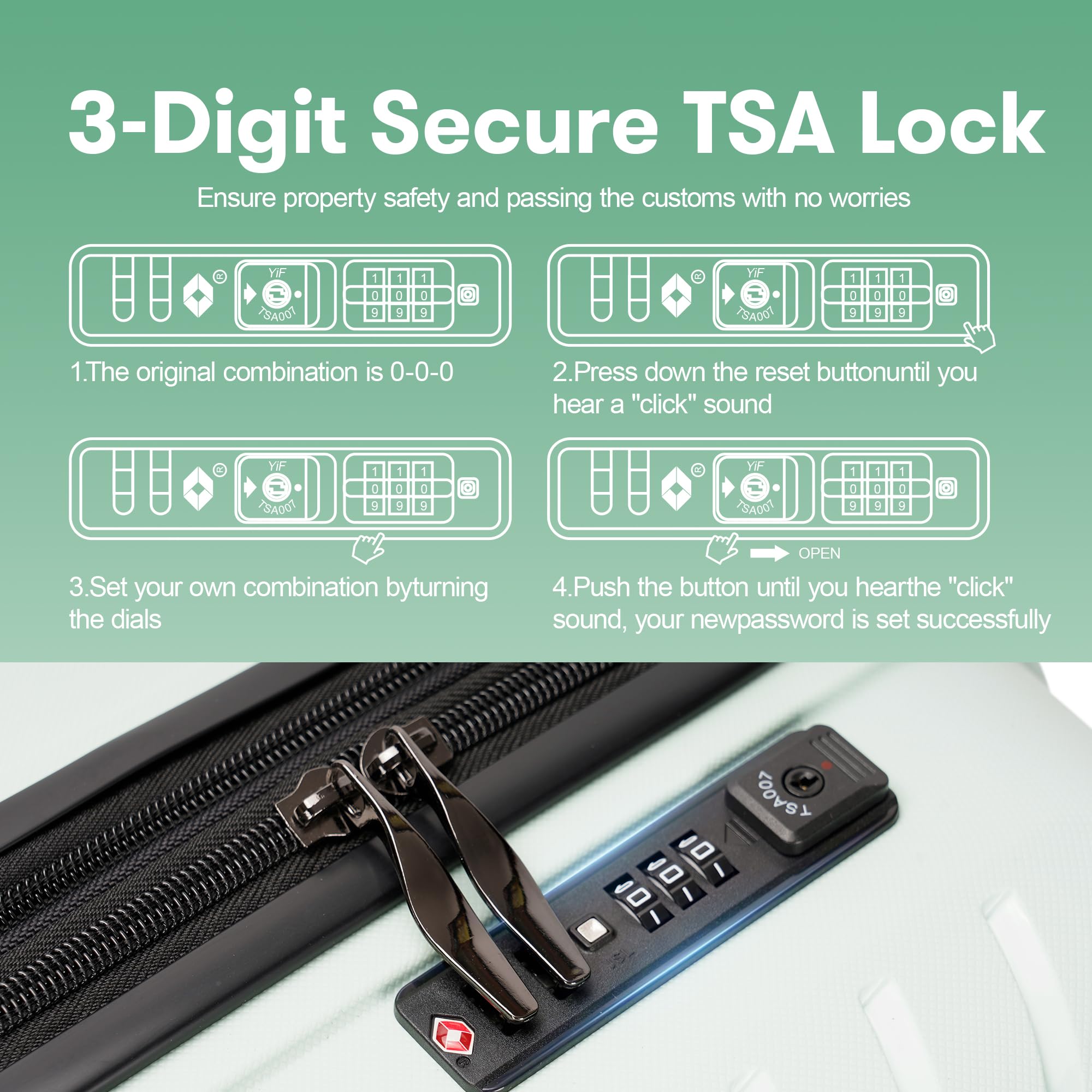 3-Piece Hard Shell Luggage Set with Spinner Wheels & TSA Lock - Mint Green Suitcases for Travel, Vacation & Business Trips