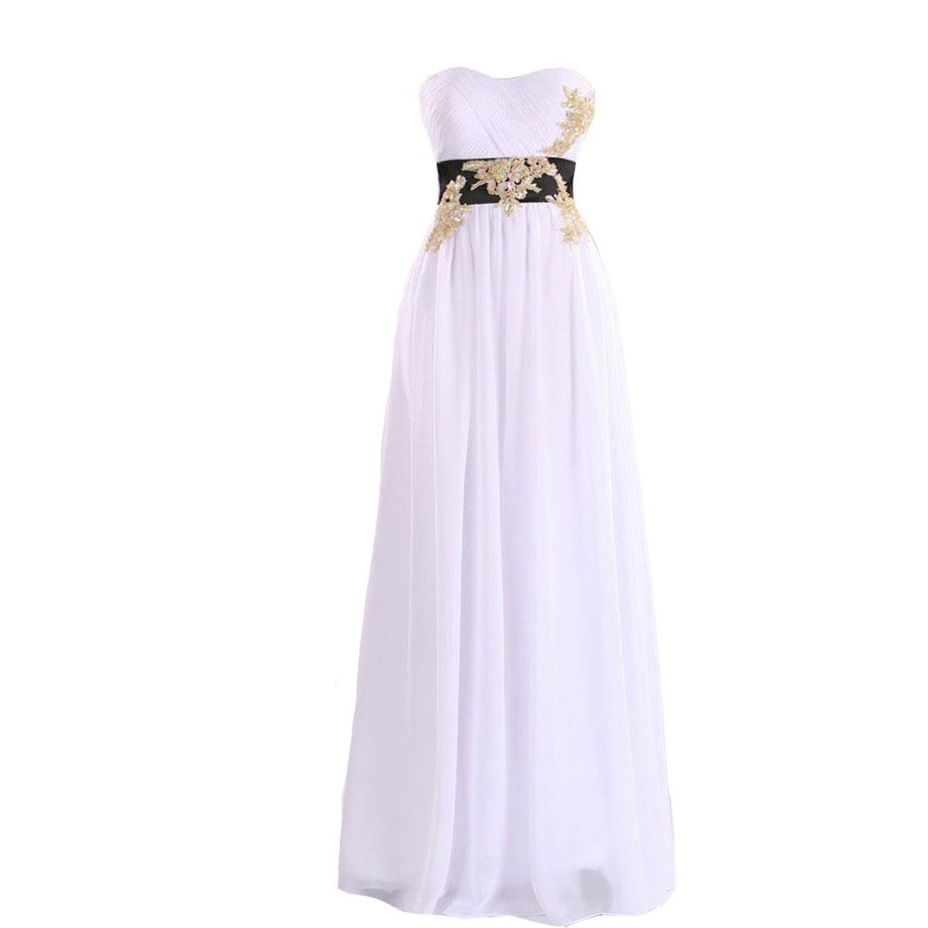 Kivary® Elegant White Long A-Line Formal Prom Evening Dresses with Black Sash & Gold Beading - Perfect for Homecoming, Wedding Guest, and Black Tie Events