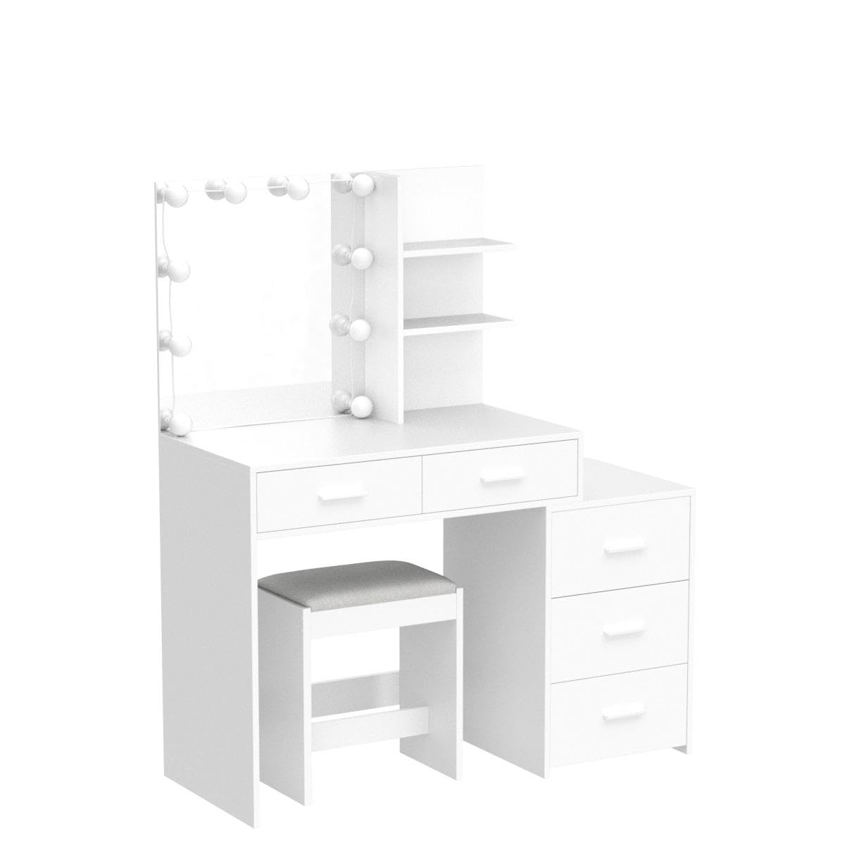 USIKEY 43.5 Inch Large LED Vanity Desk with Mirror - 10 Adjustable Lights, 5 Storage Drawers & Stool - White Makeup Dressing Table with Shelves for Women & Girls | Perfect for Bedroom, Dorm, Beauty Salon & Gift