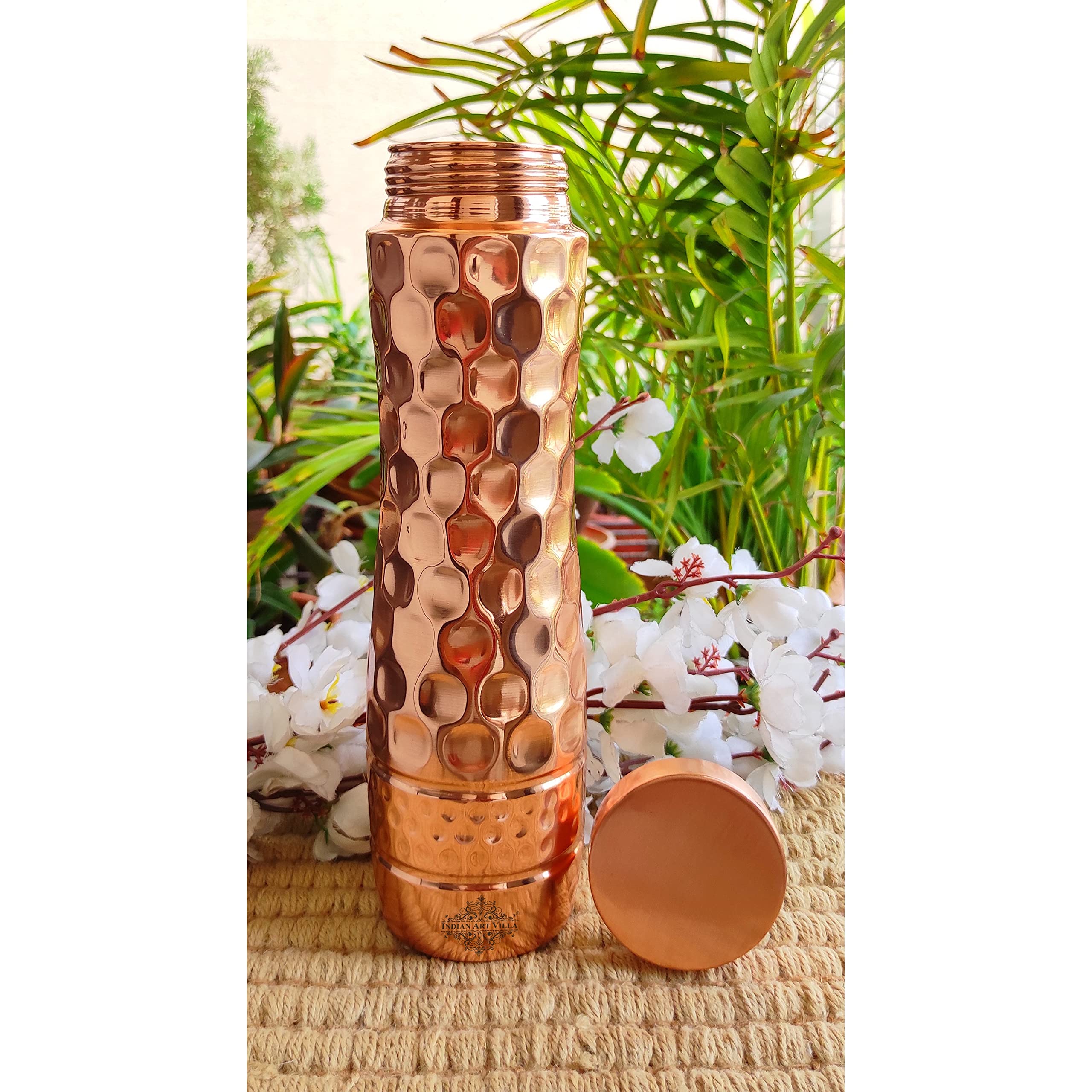 Premium 34oz Hammered Copper Water Bottle with Honeycomb Design & Shine Finish – Ayurvedic Copper Drinkware for Home, Office, Yoga & Wellness – BPA-Free Reusable Bottle for Detox, Hydration & Gifts