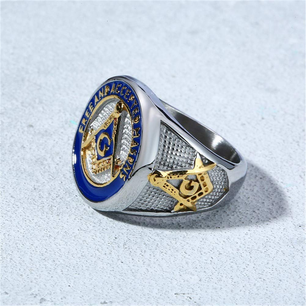 **Men's Masonic Ring - Stainless Steel Freemason Symbol Signet Ring in Silver, Gold & Blue - Free and Accepted Masons Band for Brotherhood & Formal Occasions**