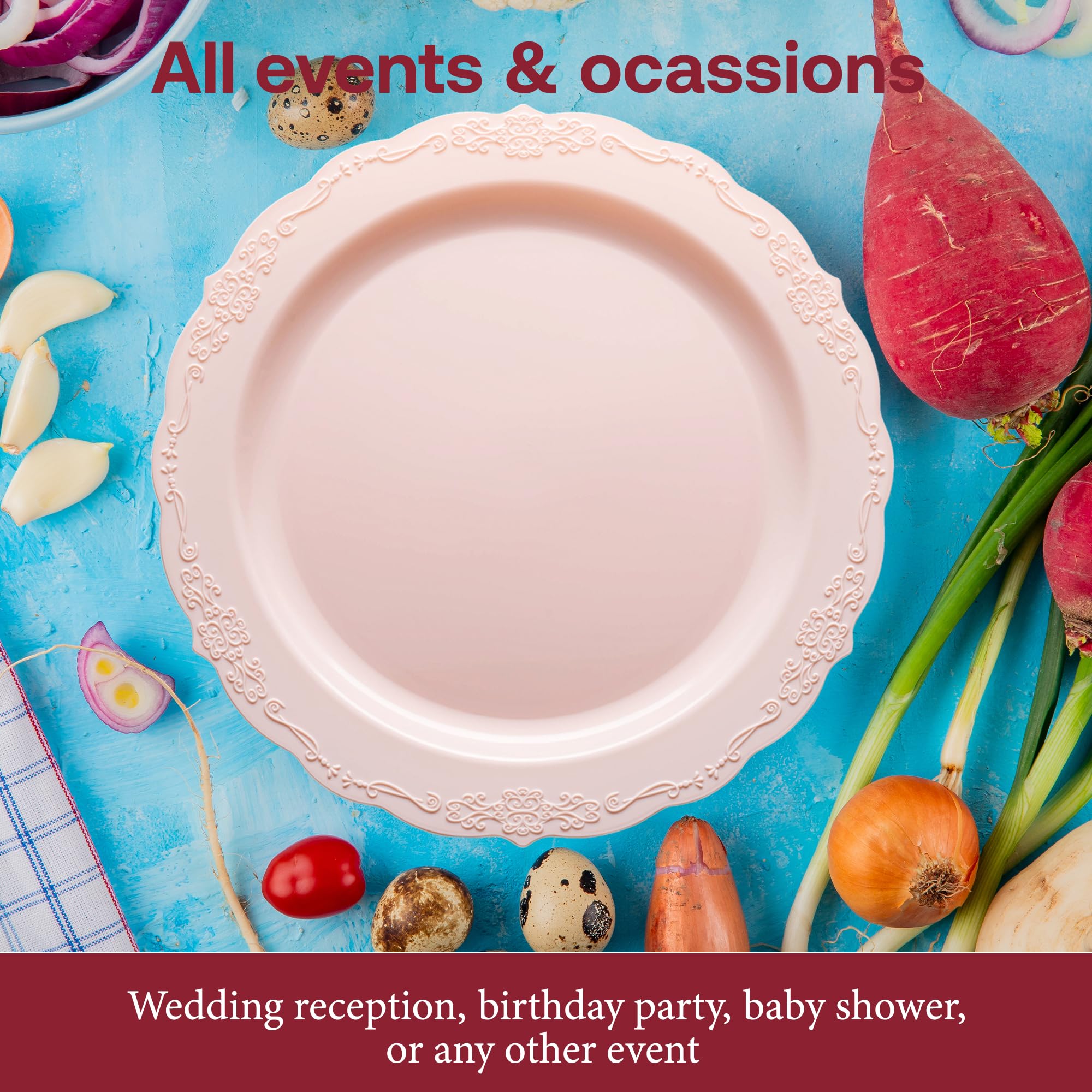 Elegant Disposable Plastic Plates 7.5 Inch - 120 Count Pink Heavy Duty Dinnerware for Parties, Weddings & Events | Perfect for Salad, Desserts & Cocktail Receptions