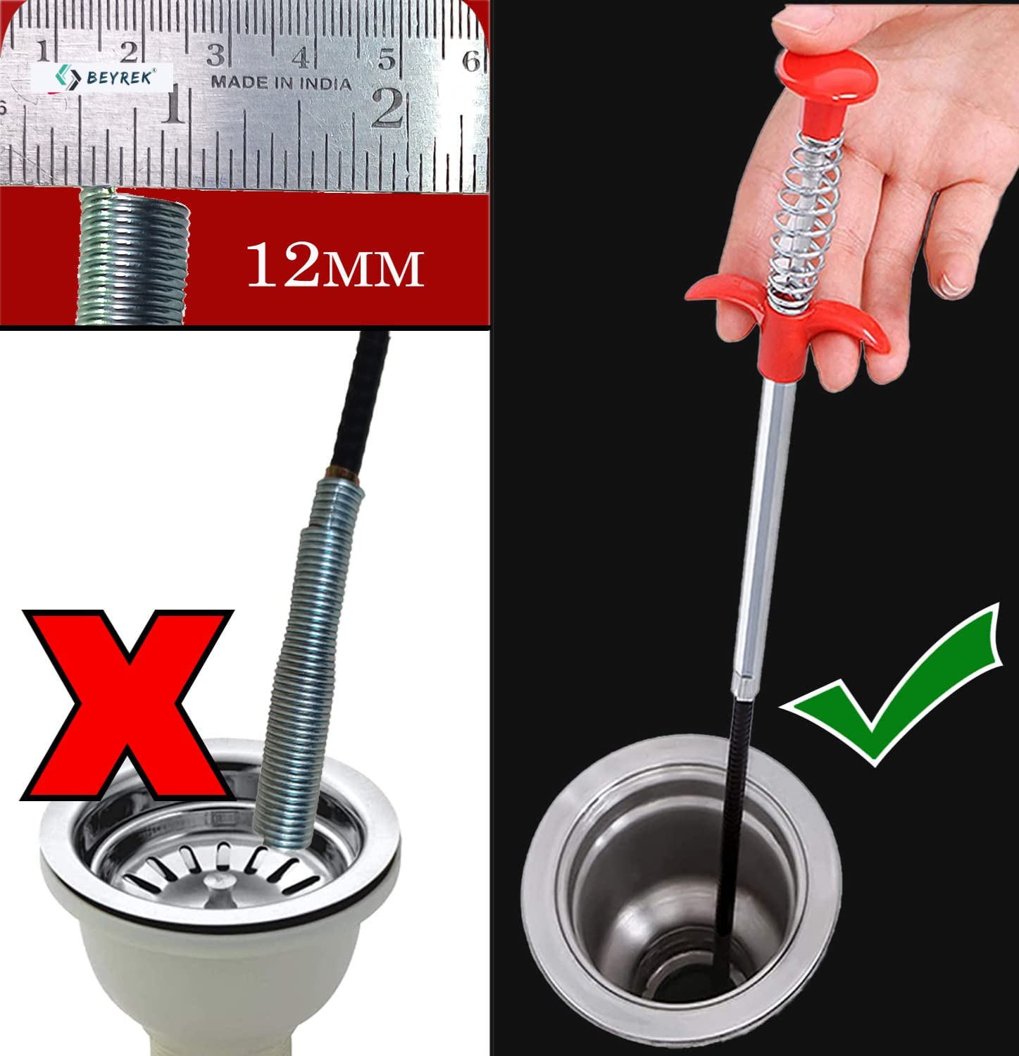 BeyRek Drain Cleaner Wire Stick - 160cm Basin Pipe Cleaner Tool for Hair Clog Removal | Sink & Shower Drain Unclogger | Perfect for Bathroom, Kitchen & Home Plumbing Maintenance