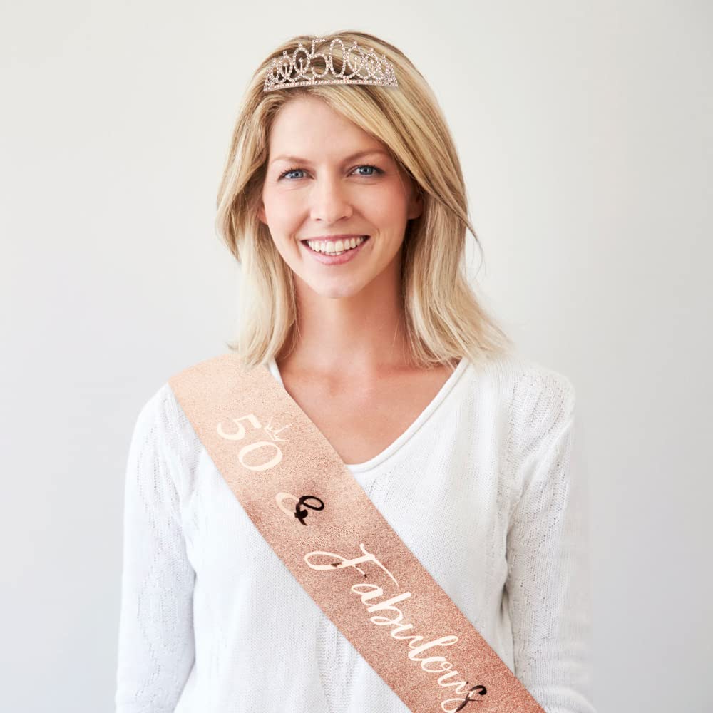 50th Birthday Tiara & Sash Set - Rose Gold Women's 50th Birthday Party Crown & Decorations | Perfect 50th Birthday Gift for Women | Great for Milestone Birthday Celebrations, Photo Shoots & Special Occasions