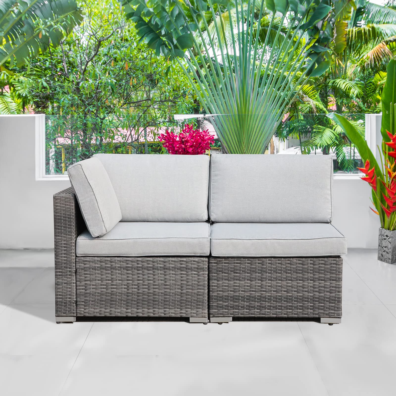 2-Piece Patio Furniture Set with Light Grey Cushions - All-Weather PE Wicker Outdoor Sectional Sofa & Loveseat for Porch, Balcony, Garden, Pool - Durable Grey Rattan Conversation Set for Relaxing & Entertaining Outdoors
