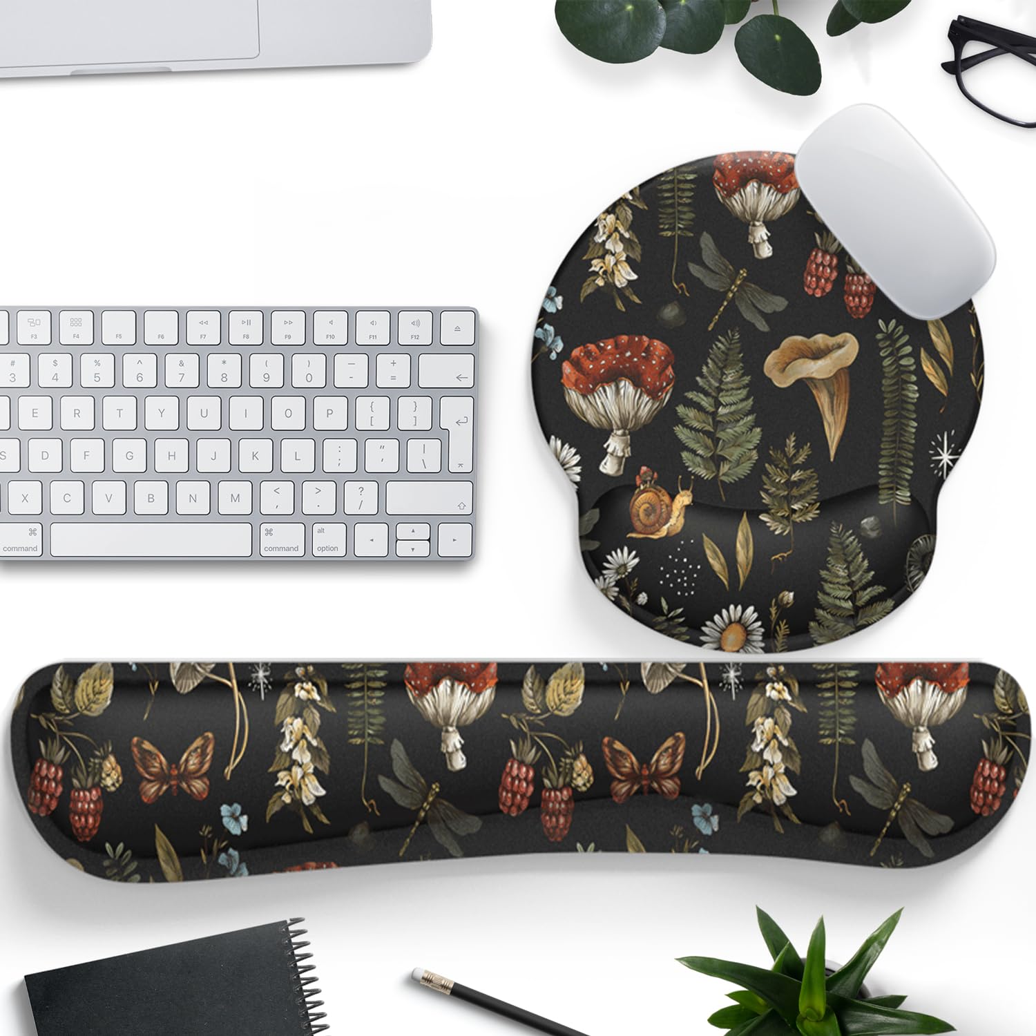 Ergonomic Mushroom Mouse Pad with Wrist Support - Non-Slip PU Desk Pad for Office, Gaming & Typing Comfort - Black Aesthetic Keyboard Wrist Rest Set for Pain Relief & Computer Work