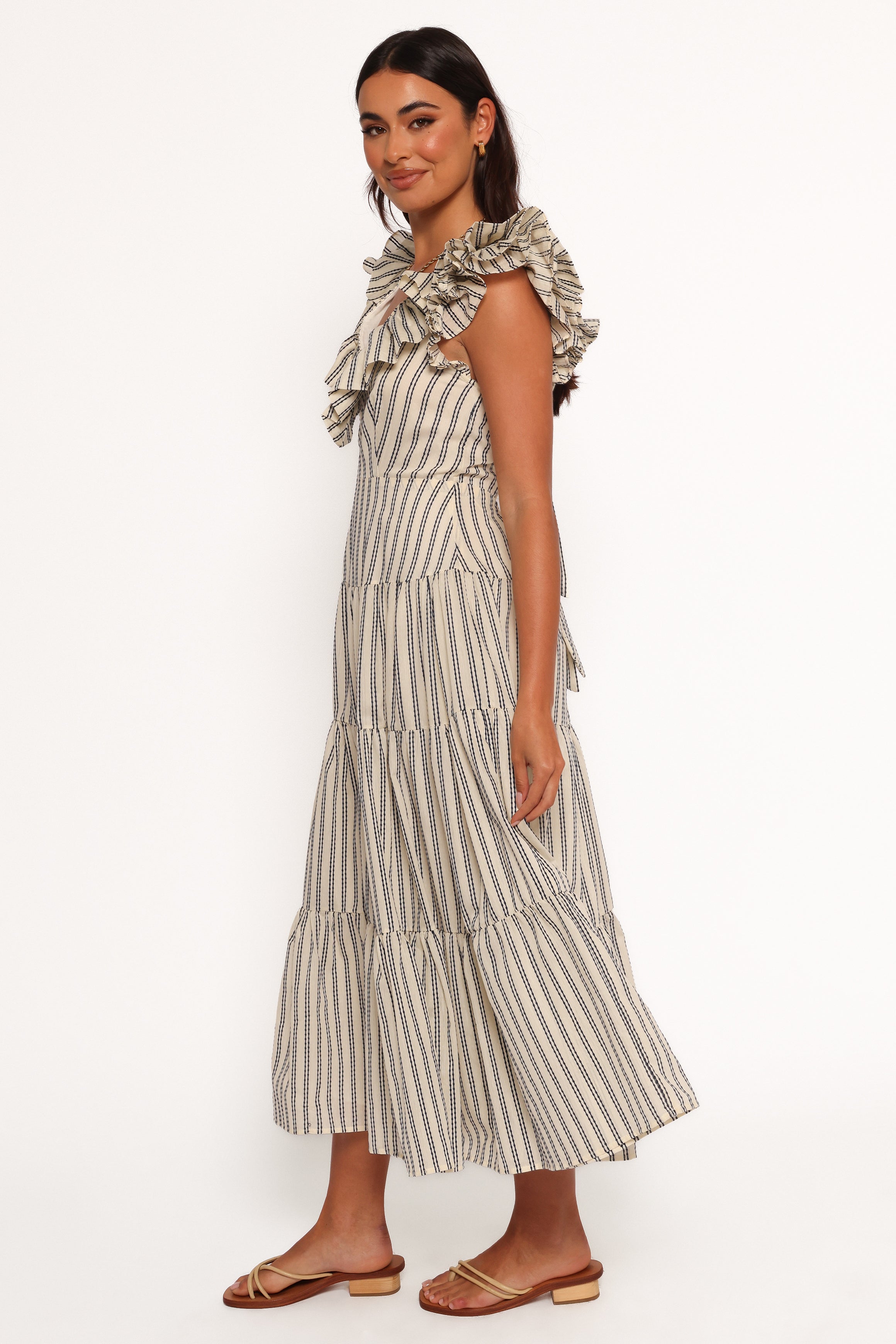 Bobbie Midi Dress - Neutral Stripe Flowy Summer Dress for Women | Casual Beach Wear & Boho Outfit for Vacation