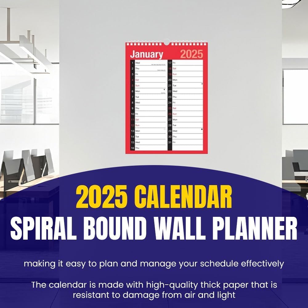 2025 Spiral Bound Wall Calendar - Large A4 2-Column Monthly Planner for Home, Office & School | January to December 2025 | Perfect for Scheduling, Goal Tracking & Organization