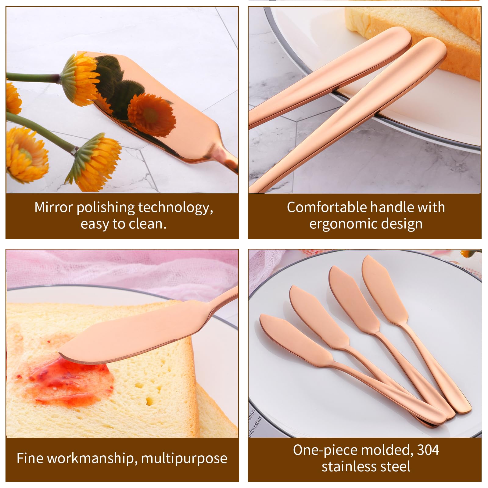 Premium YDware 18/10 Stainless Steel Rose Gold Butter Knives Set - 6.1 Inch Dishwasher Safe Cheese Spreaders (Set of 8) in Elegant Black Gift Box - Perfect for Dinner Parties, Cheese Platters & Wedding Gifts