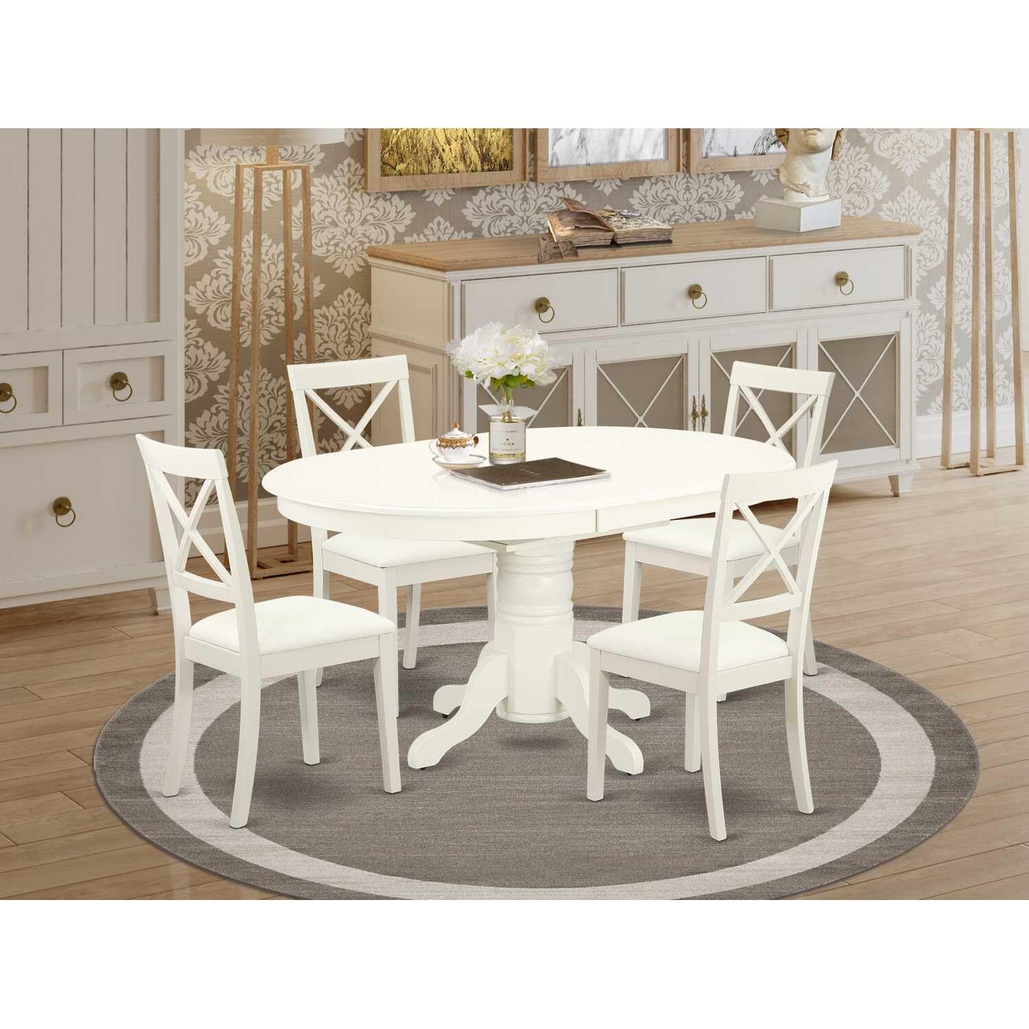 East West Furniture Faux Leather Dining Table and Chairs Set - 5 Piece Kitchen Table Set in Linen White with Rubberwood Frame | Modern Dining Room Furniture for Small Spaces & Apartments