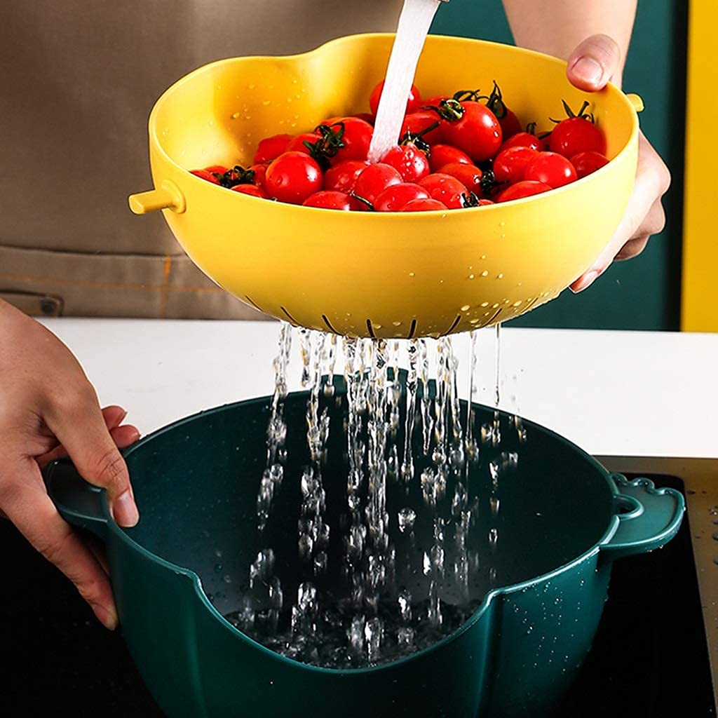 Double Rotating Colander & Food Strainer - Large Multifunctional Vegetable Washing Basket with Draining Function for Kitchen | Perfect for Washing Fruits, Vegetables, and Draining Pasta