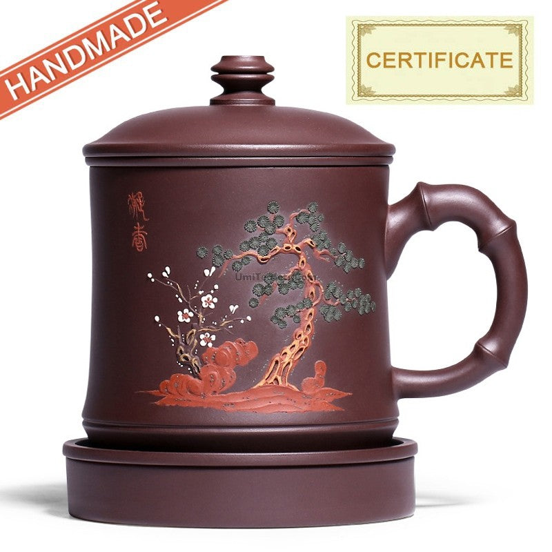 Premium Yixing Clay Tea Cup with Stainless Steel Infuser & Bamboo Stand - Perfect for Loose Leaf Tea, Chinese Tea Ceremony & Home Brewing