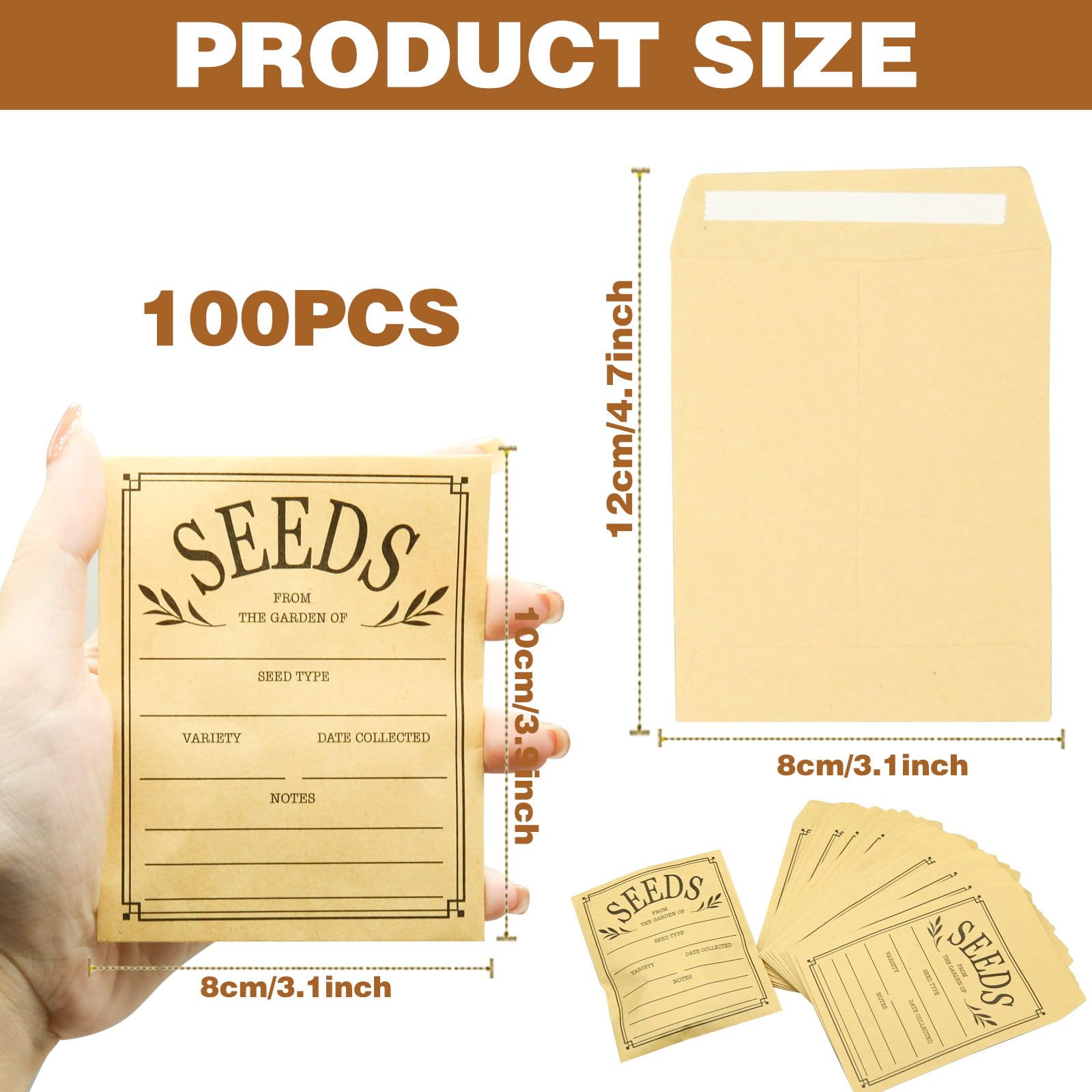 100Pcs Resealable Brown Paper Seed Envelopes - 3.1x4.7 Inch Self-Adhesive Seed Packets for Storing Vegetable & Flower Seeds | Perfect for Gardeners, Seed Swapping & Organizing Seeds Collection