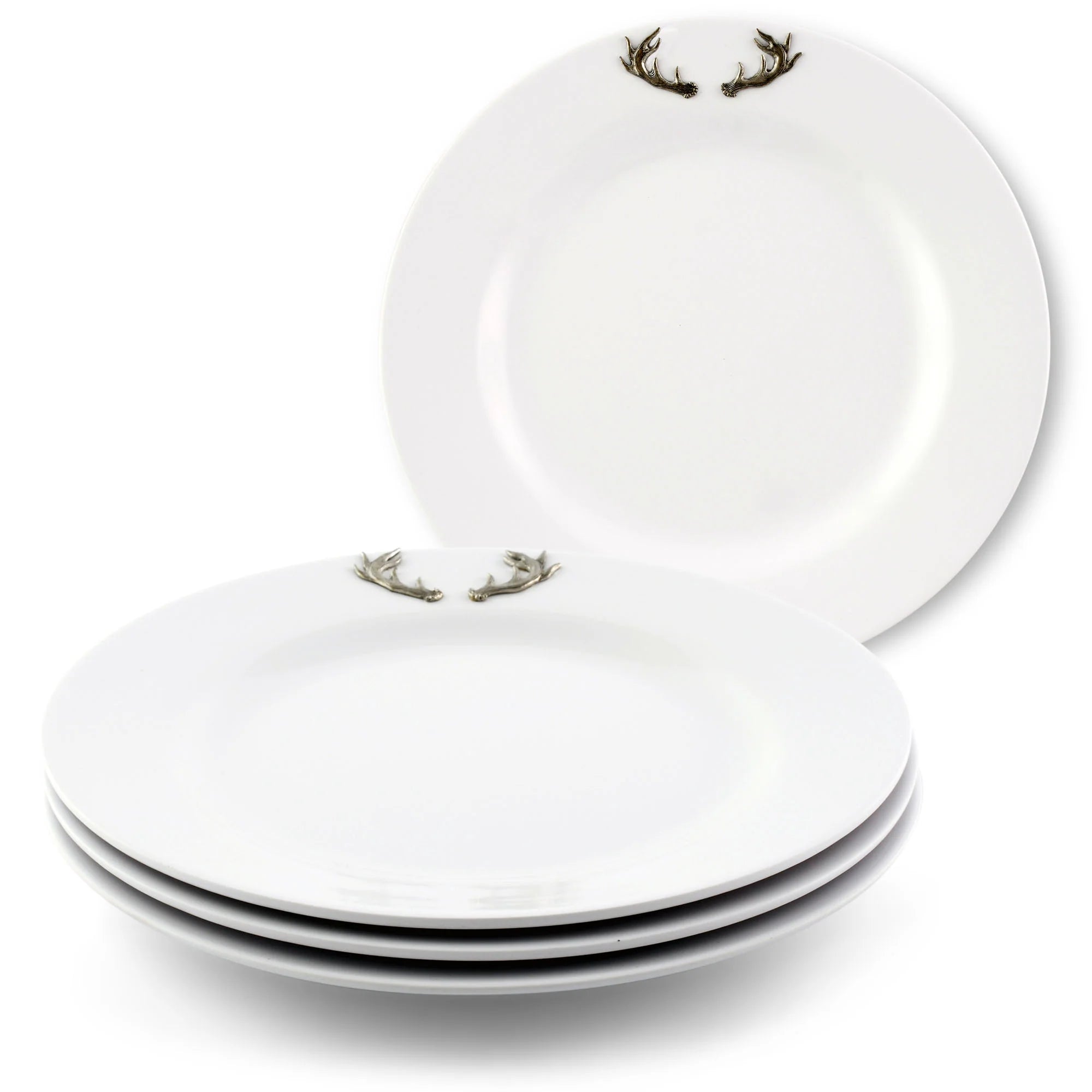 Premium White Melamine Dinner Plates Set of 10 with Elegant Pewter Antler Design - Perfect for Rustic Weddings, Holiday Gatherings & Cabin Dining