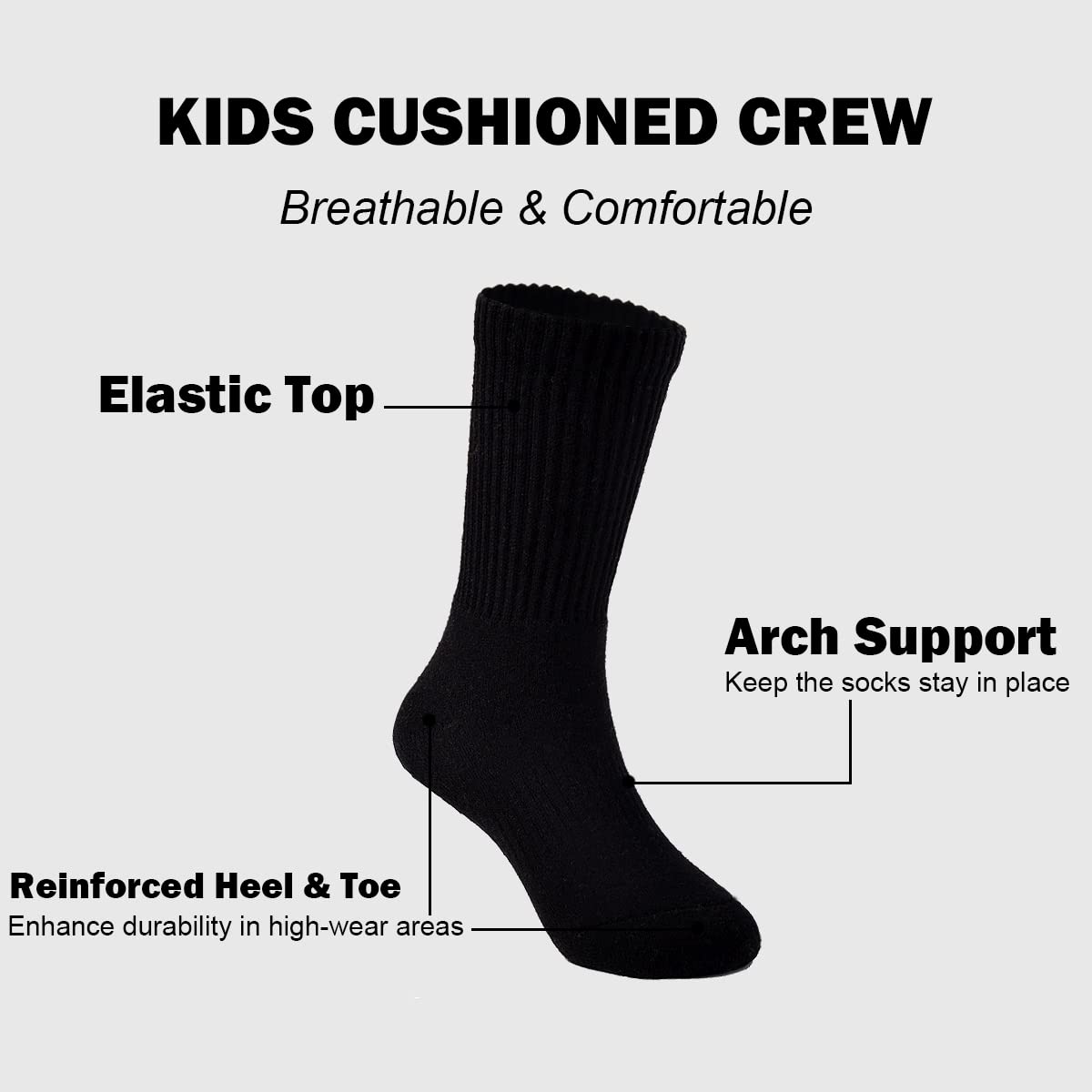 Marchare Boys & Girls Athletic Running Socks - 6 Pack Cushioned Crew Socks for Kids, Thick Cotton Comfort, Black/White - Perfect for Sports, School & Daily Activities