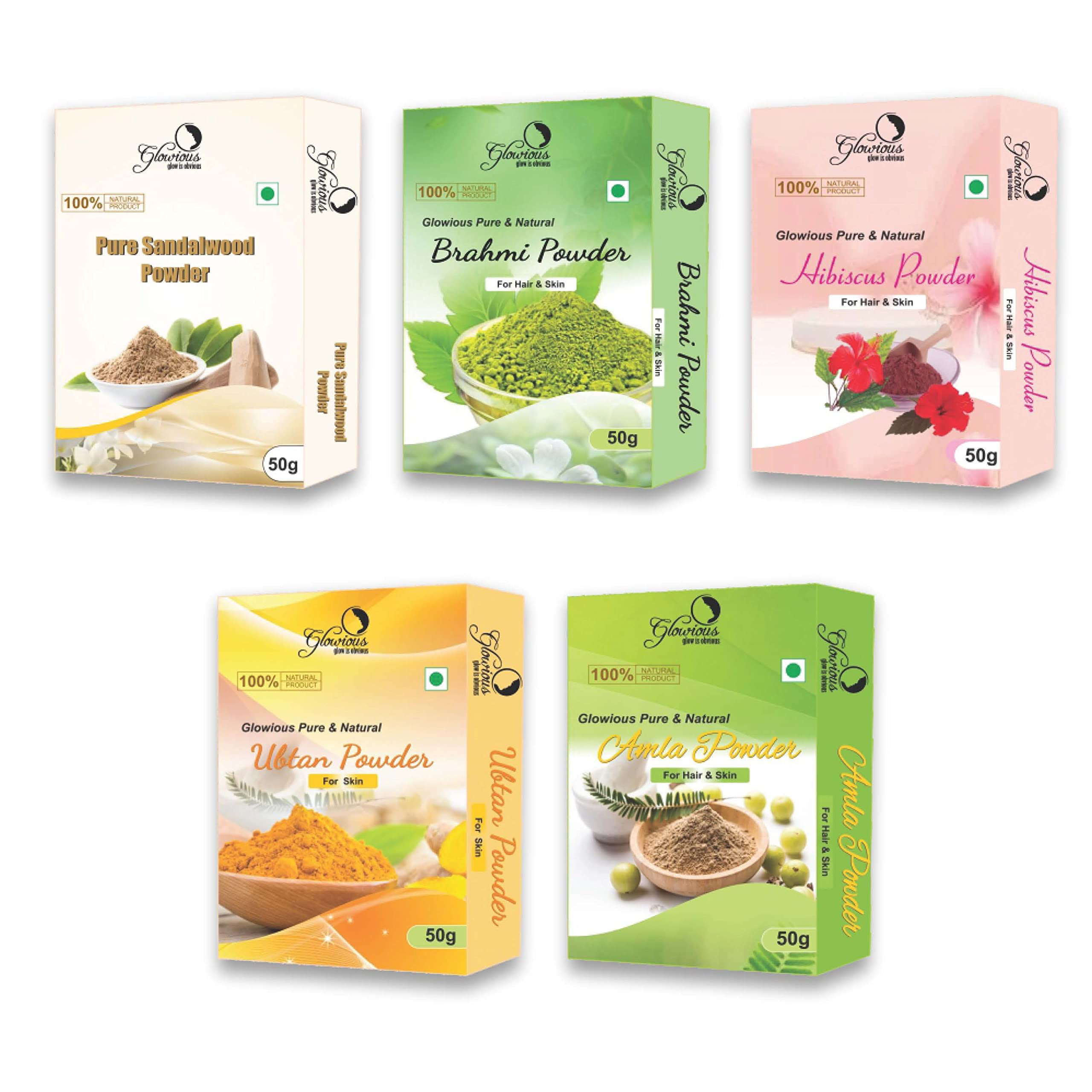 Glowious Natural Beauty Combo Pack - 5 Premium Ayurvedic Powders (Sandalwood, Amla, Hibiscus, Ubtan & Brahmi) 250g Each for Radiant Skin & Hair Care | Herbal Face Mask, Hair Treatment & Body Scrub | Organic Skincare Routine for Glowing Complexion