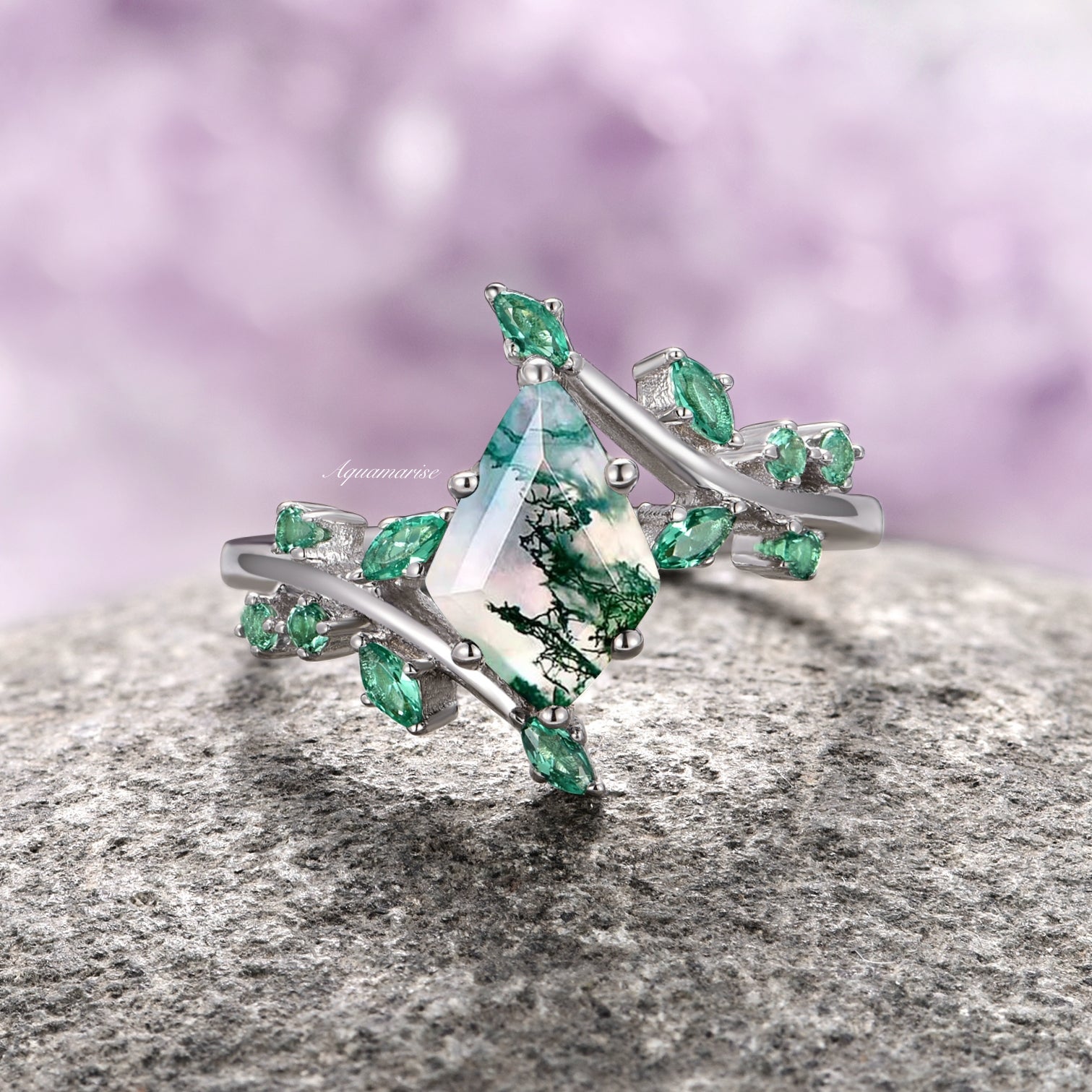 Kite Moss Agate & Emerald Fairy Ring Sterling Silver - Elegant Nature-Inspired Jewelry for Women, Perfect for Weddings, Parties & Special Occasions