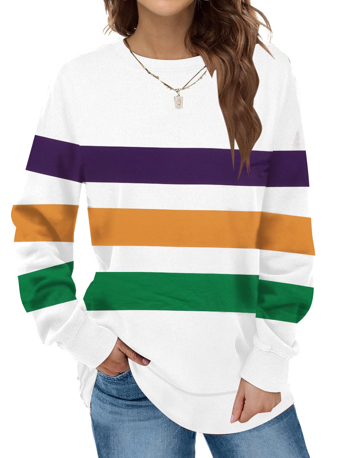 Women's Mardi Gras Shirt - Striped Fat Tuesday Tee for New Orleans Carnival Party - Long Sleeve Casual Top for Festivals, Parades & Themed Events