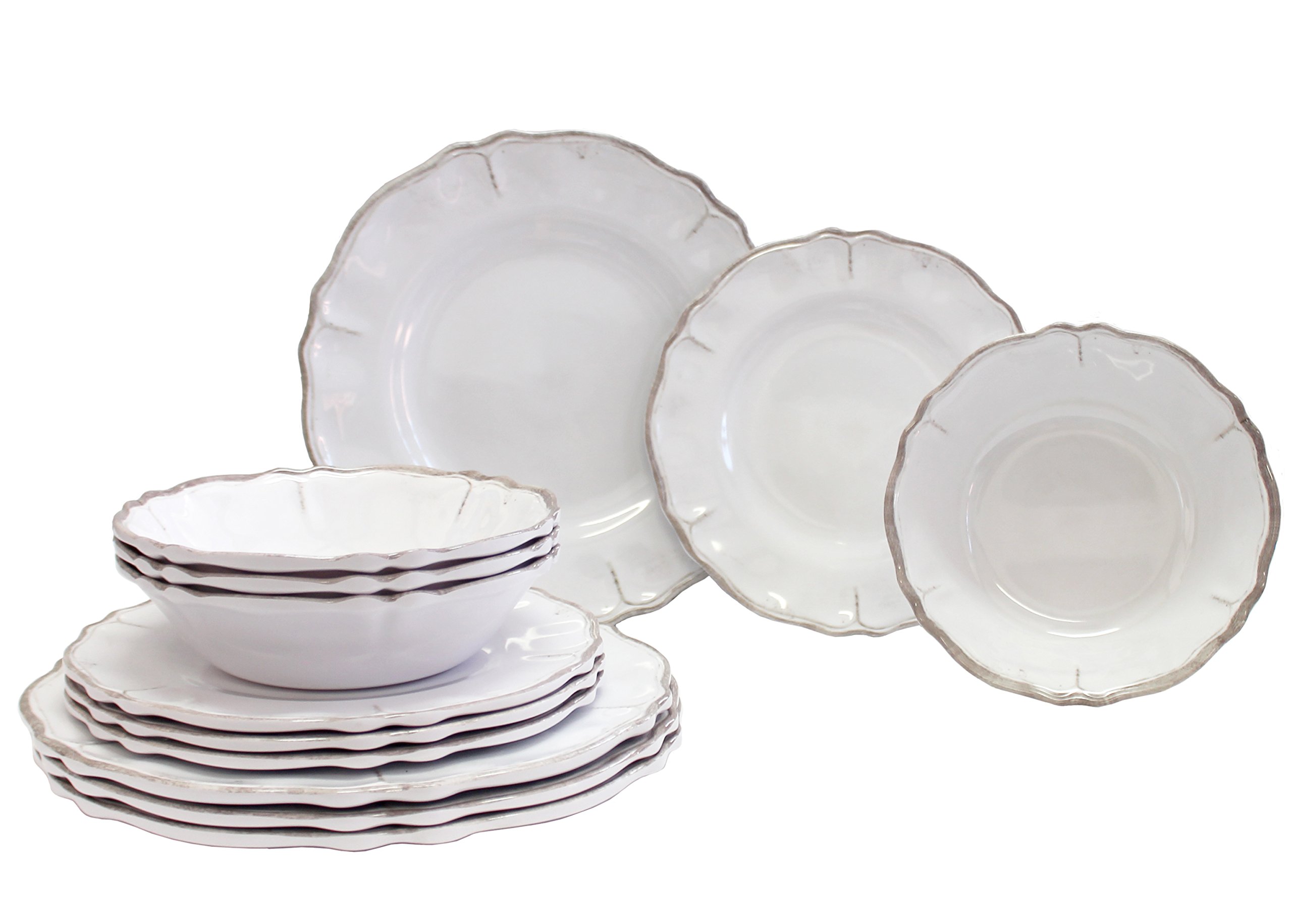 Luxury Melamine Dinnerware Set - 12 Piece Service for 4, Rustica Antiqua White | Shatterproof & Lightweight Dinner Plates, Bowls & Mugs | Perfect for Outdoor Dining, Picnics & RV Camping
