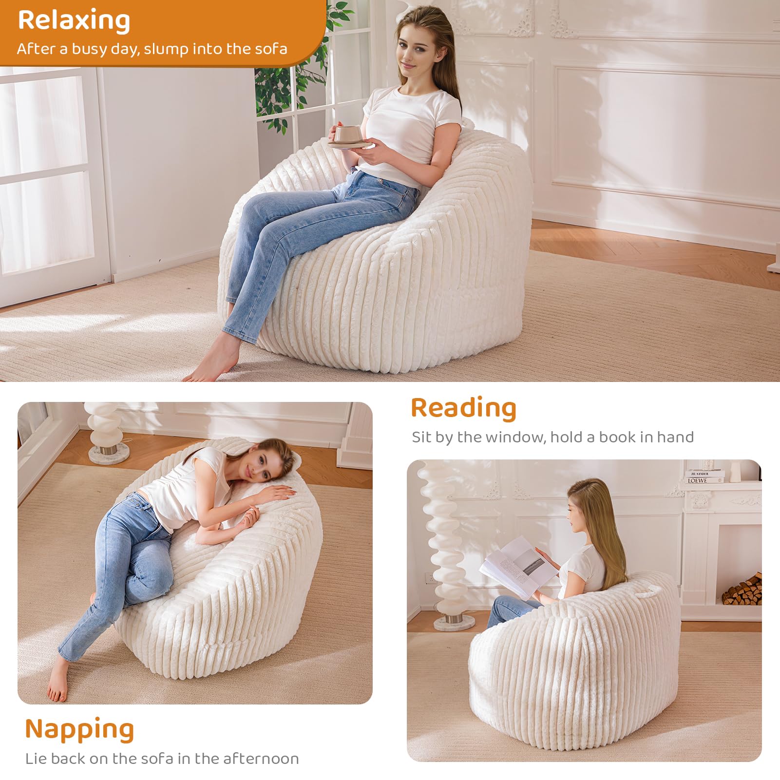 MAXYOYO Bean Bag Chair - Soft Floor Sofa with Handle & Storage Pocket for Living Room, Bedroom, or Dorm - Comfortable Beige Lounger for Relaxing, Reading & Gaming