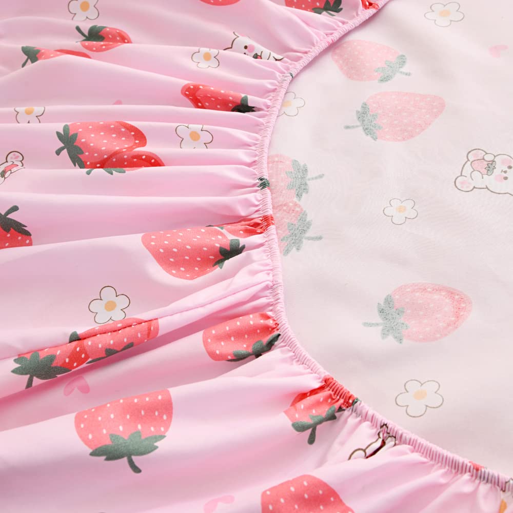2PC Soft Fitted Sheet & Pillowcase Set for Full Size Bed - Strawberry Print Kids Bedding, Breathable & Hypoallergenic (Pink) - Perfect for Nursery, Toddler Room & Sleepovers