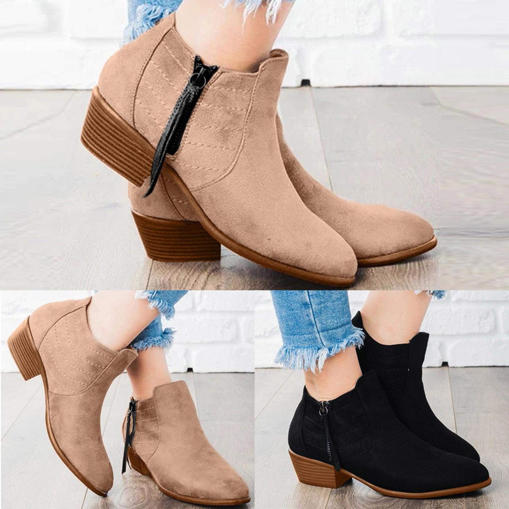 Gibobby Women's Pointed Toe Ankle Booties - Faux Leather & Suede Stacked Low Heel Boots for Work, Date Night & Fall Fashion