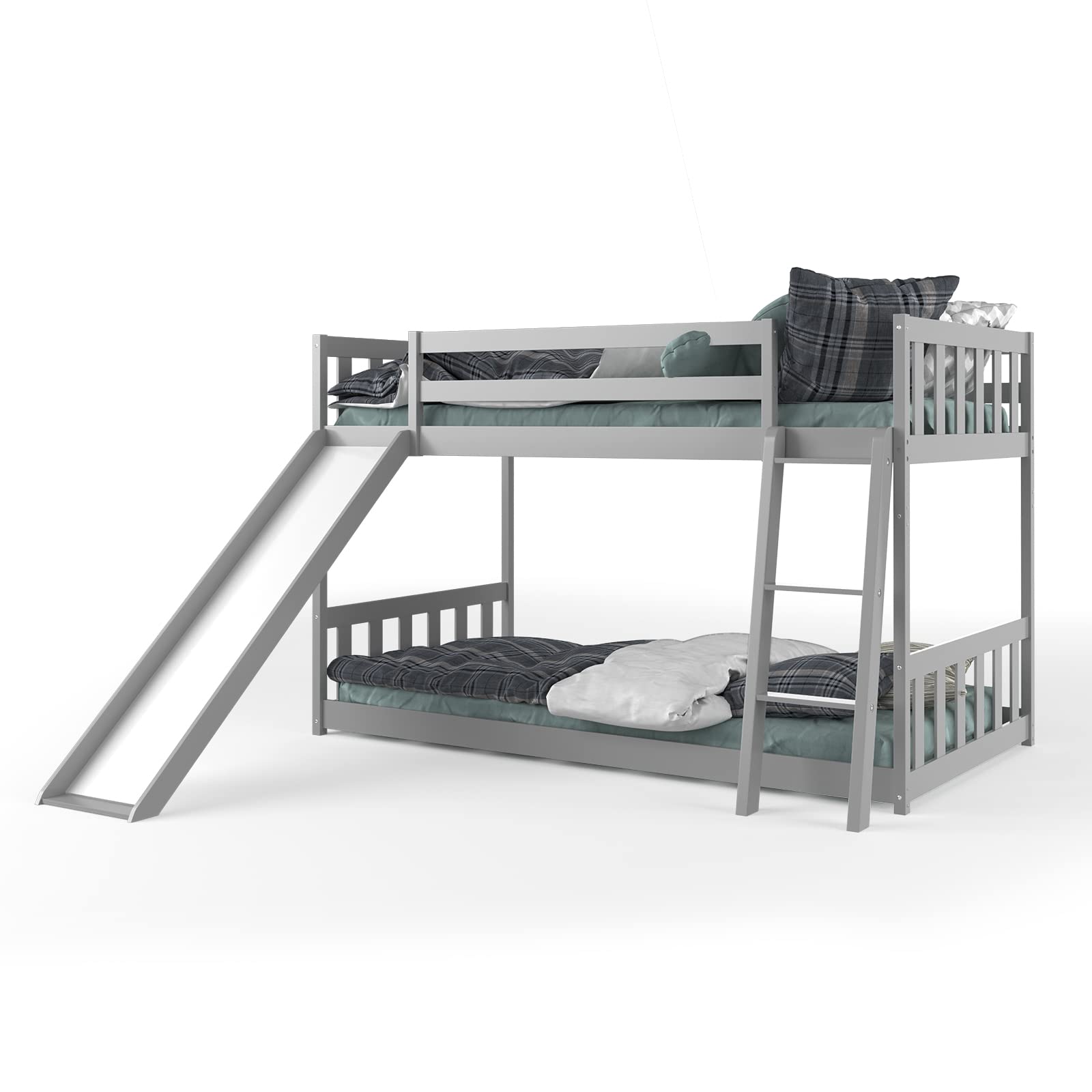 KOMFOTT Twin Over Twin Wood Bunk Bed with Convertible Slide, Inclined Ladder & Safety Guardrails - Space Saving Bed Frame for Teens, Students - Perfect for Small Bedrooms, Dorm Rooms & Kids' Rooms (Gray)