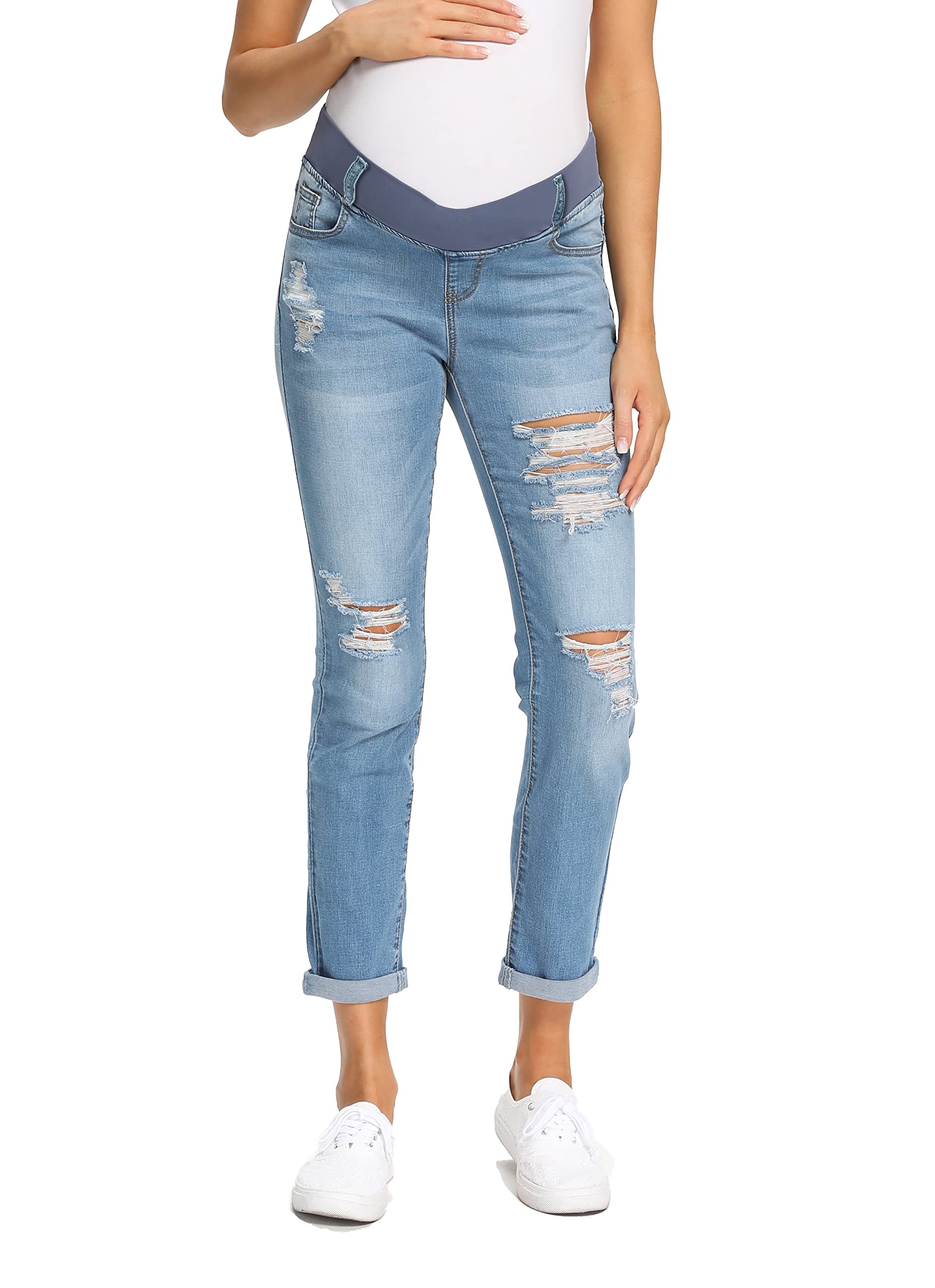 Foucome Women's Maternity Boyfriend Jeans - Stretch Denim Ripped Skinny Jeans with Pockets for Pregnancy Comfort | Perfect for Casual Wear, Maternity Photos & Everyday Outfits