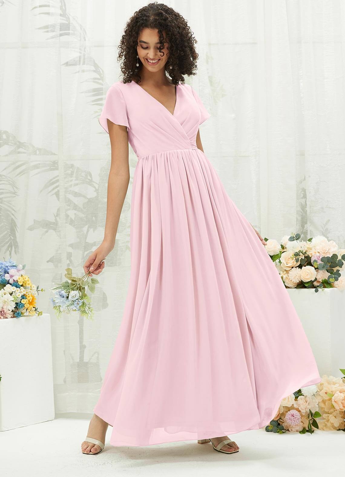 Elegant Blush Chiffon Short Sleeve V-Neck Wrap Pleated Bridesmaid Dress for Weddings & Formal Events | Perfect for Bridal Party, Evening Gowns & Special Occasions