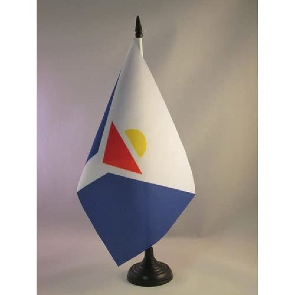 Saint Martin Table Flag 5'' x 8'' (21 x 14 cm) - Mini Desk Flag with Black Plastic Stick & Base - Perfect for Office Decor, International Events & National Pride Display | AZ FLAG