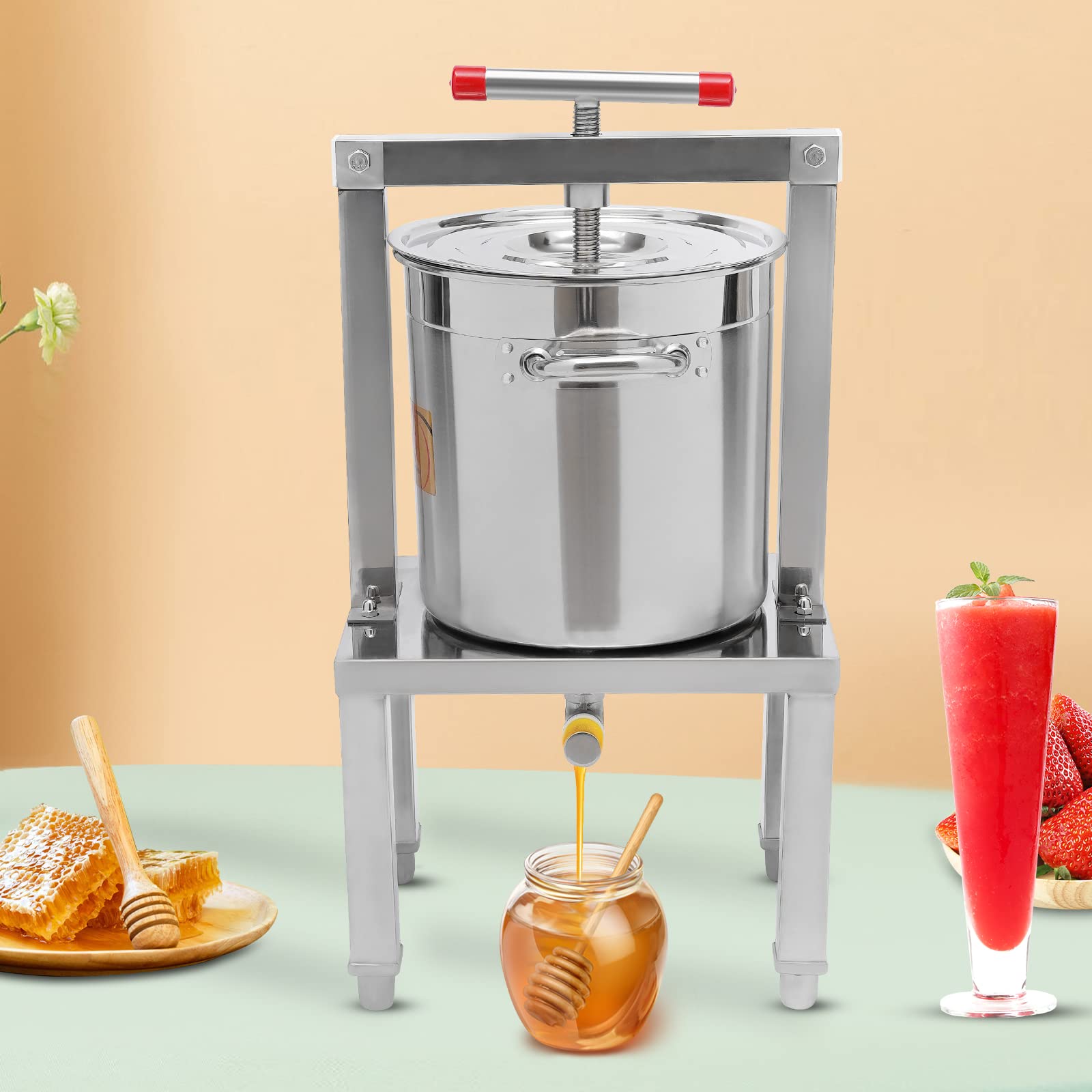13.25L/3.5Gal Stainless Steel Manual Fruit Wine Press - Adjustable Stand for Grape, Cider, Cheese, Herbs, Olive Oil & Honey | Home Brewing, Winemaking & DIY Kitchen Equipment (Silver)