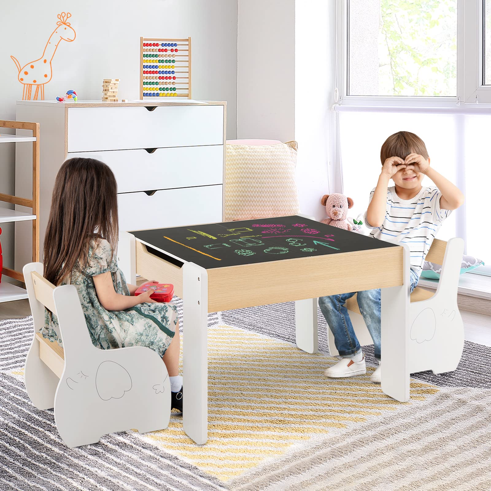 HONEY JOY 4-in-1 Kids Wooden Table and Chair Set with Storage - 2 Chairs, Reversible Blackboard & Activity Table for Art, Crafts, Learning - Toddler Furniture Gift for Boys & Girls (White) - Perfect for Playrooms, Preschools & Home Learning Spaces