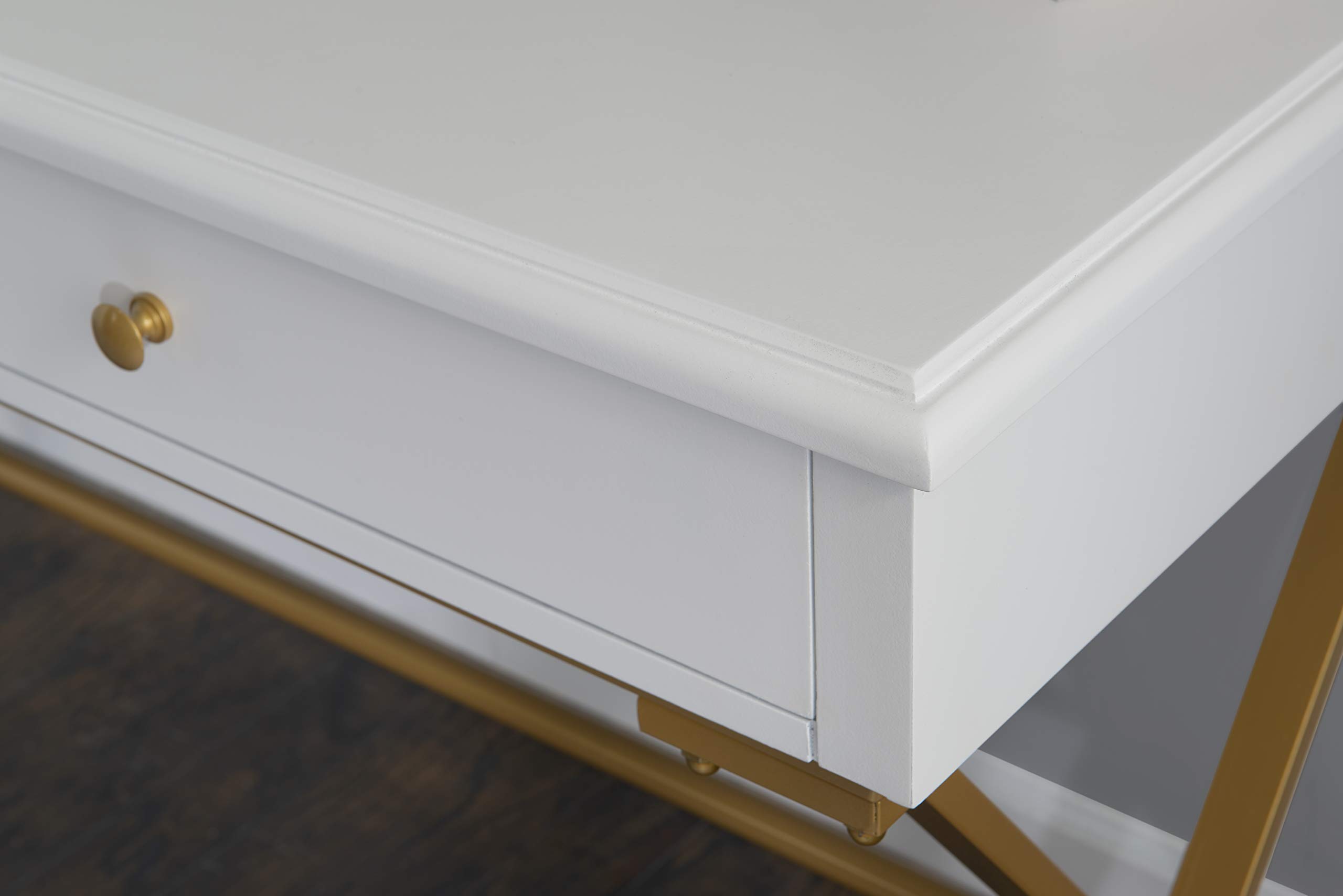 Linon Harli White Two-Drawer Campaign Desk - Compact Home Office Writing Table with Storage | Perfect for Small Spaces, Dorm Rooms & Workstations