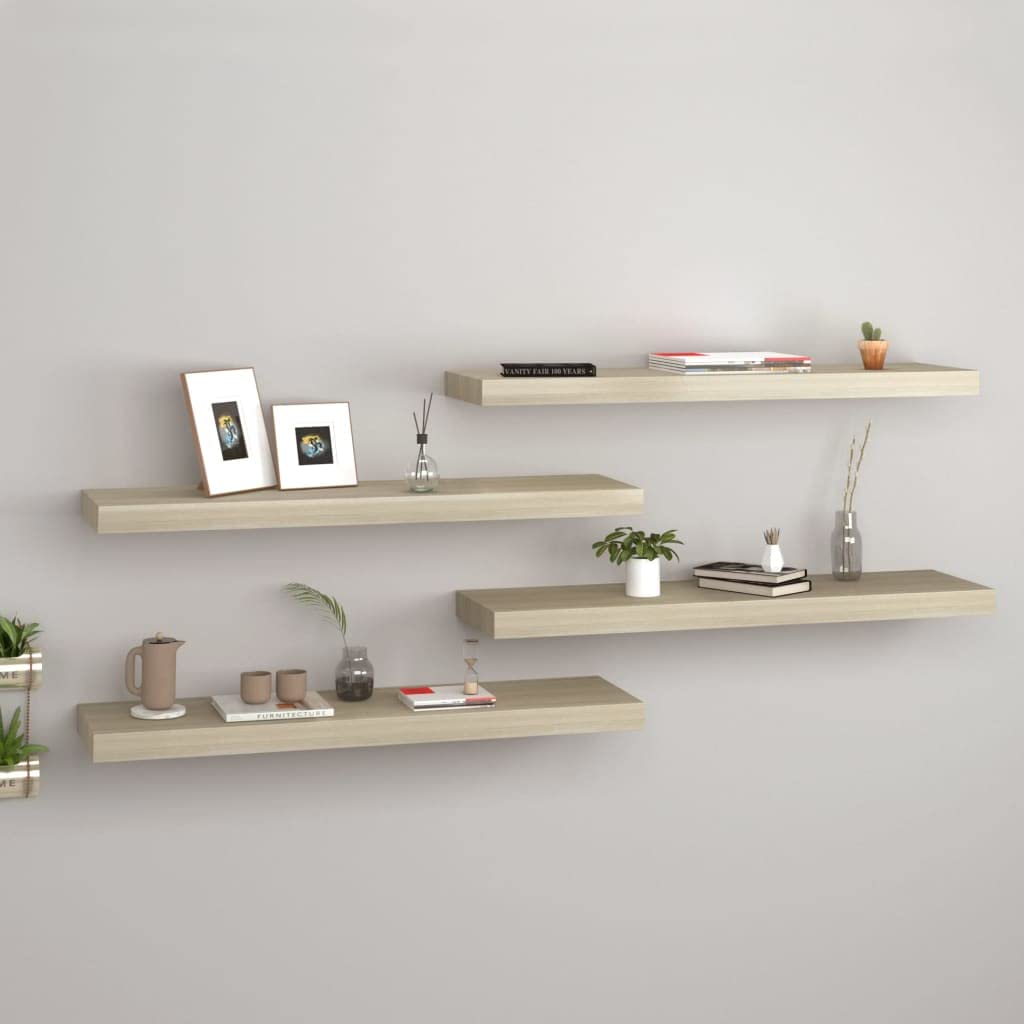 Floating Wall Shelves Set of 4 - Oak Finish MDF Storage Shelves 31.5
