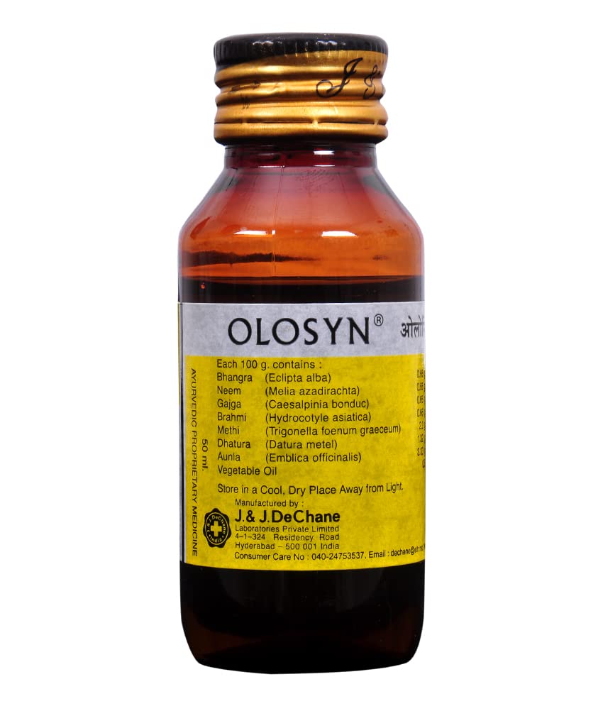 J & J DeChane - Olosyn 50ML Ayurvedic Hair Oil for Hair Growth & Scalp Care | Natural Herbal Treatment for Dry, Damaged Hair | Promotes Thickness & Shine - Perfect for Daily Hair Care Routine