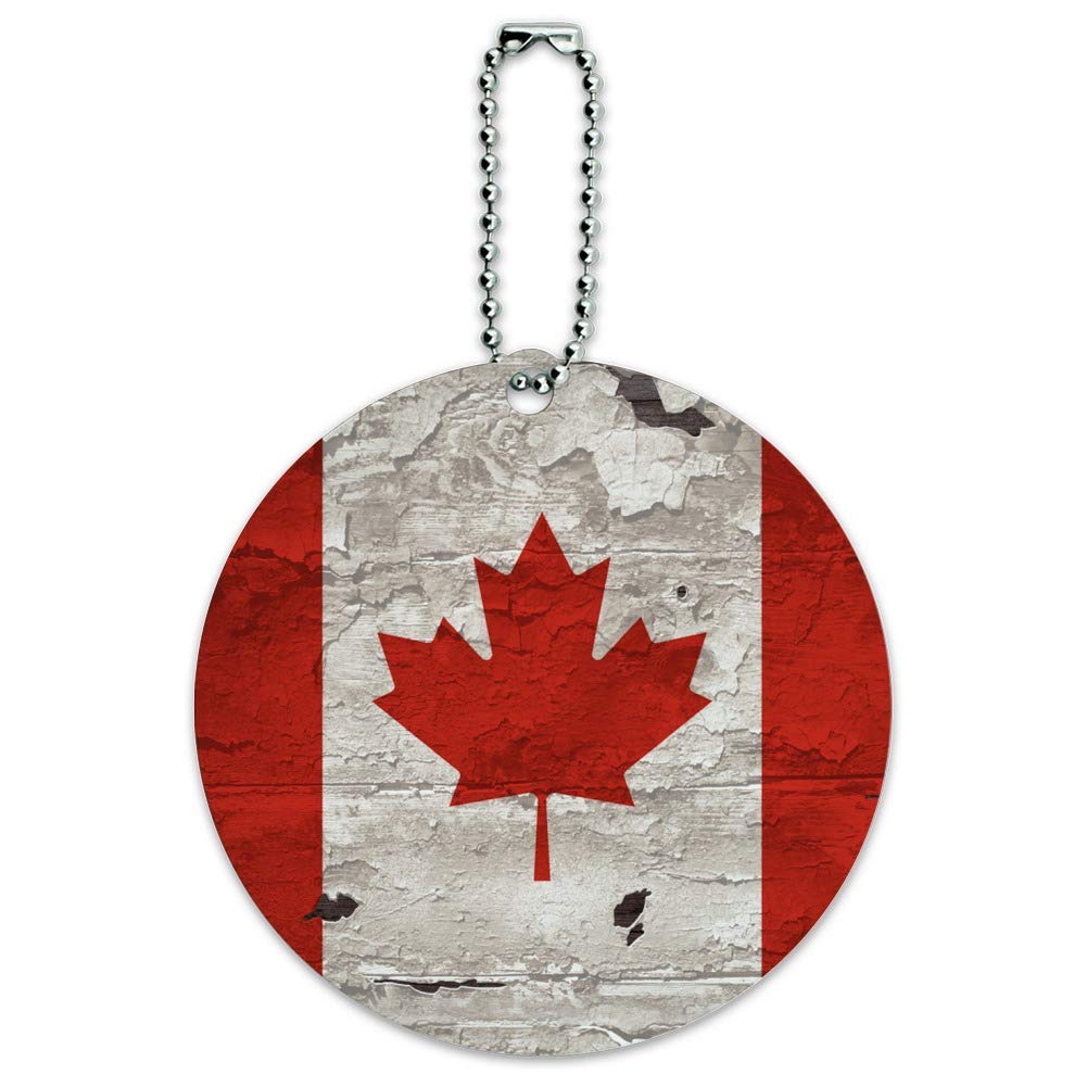 Vintage Distressed Canada Flag Wooden Round Luggage Tag - Personalized Carry-On ID Tag for Travel Bags & Suitcases | Perfect for Airports, Vacations & Business Trips