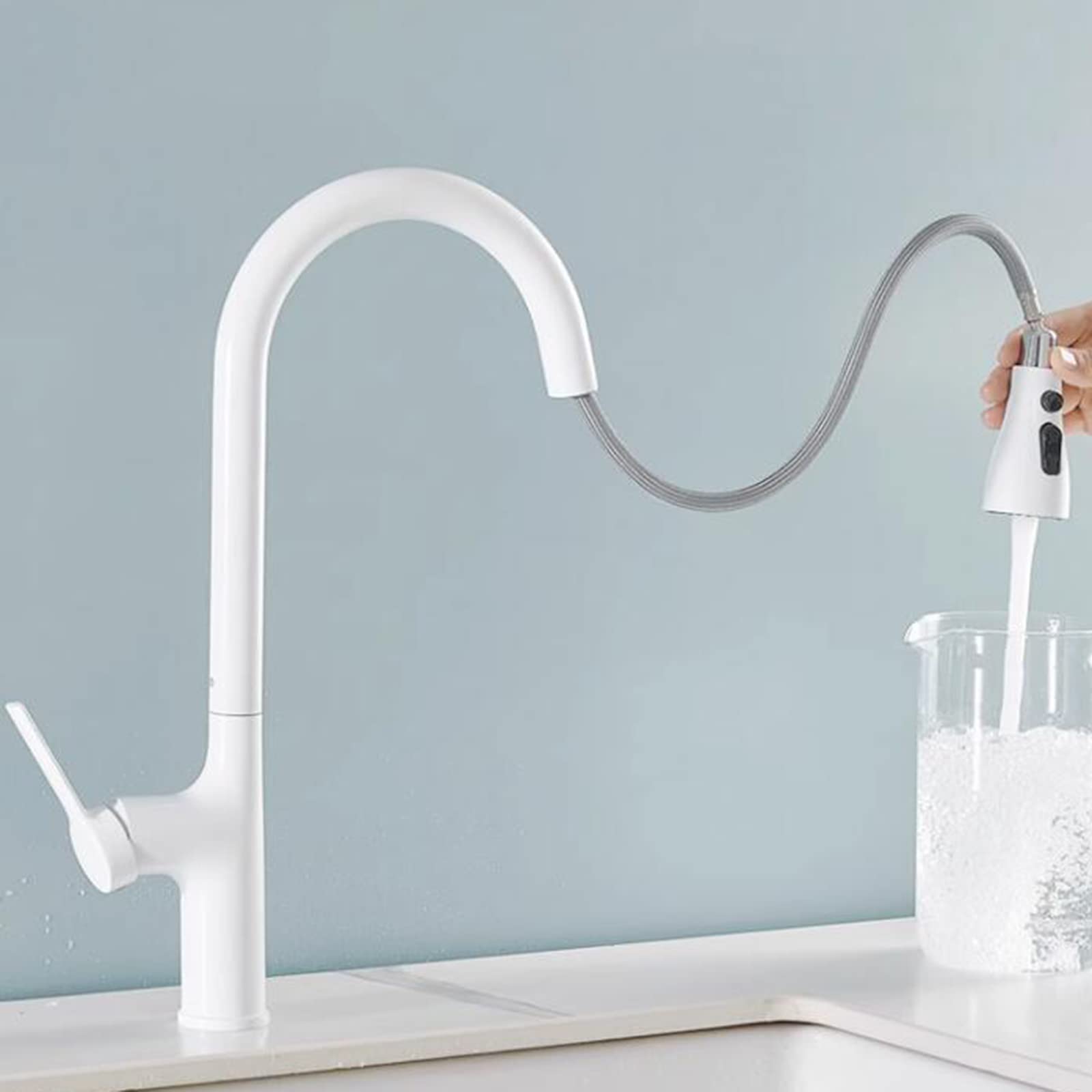Premium Brass Pull-Out Kitchen Faucet with Sprayer - Hot & Cold Water Mixer Tap, Retractable Swivel Spout, White Finish for Modern Sinks (Ideal for Cooking, Dishwashing & Food Prep)
