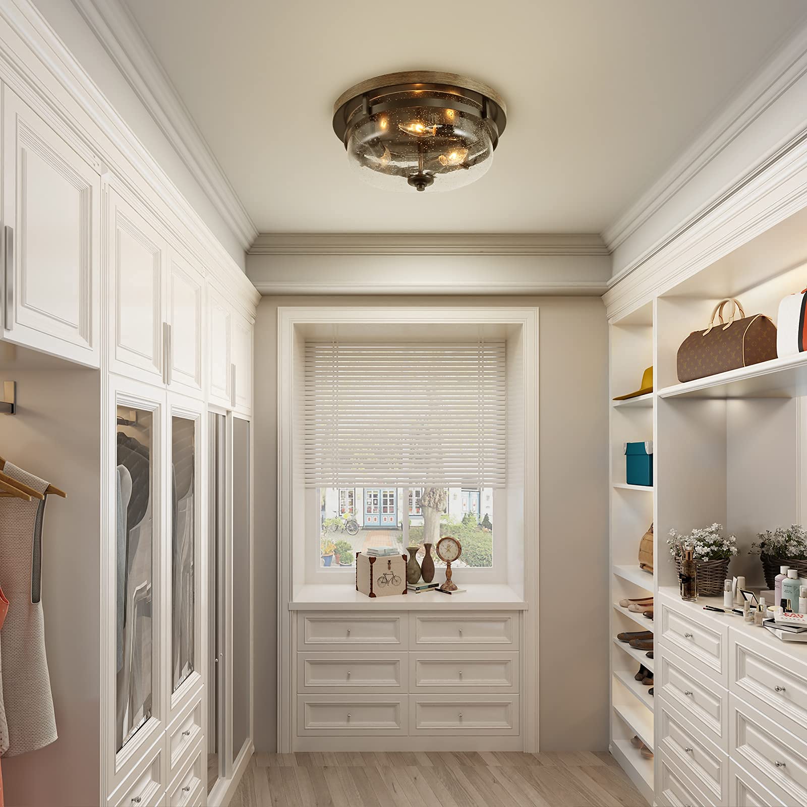 Farmhouse Flush Mount Ceiling Light Fixture - Faux Wood Finish & Seeded Glass Cover - 13.5