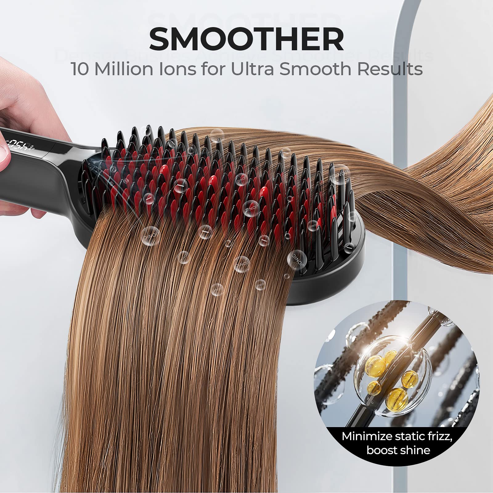 TYMO Ionic Hair Straightener Brush - Upgraded Ceramic Flat Iron with Dense Bristles, 16 Temperature Settings & Dual Voltage | Hot Comb for Thick, Curly & Frizzy Hair | Perfect for Home Use, Travel & Salon Styling