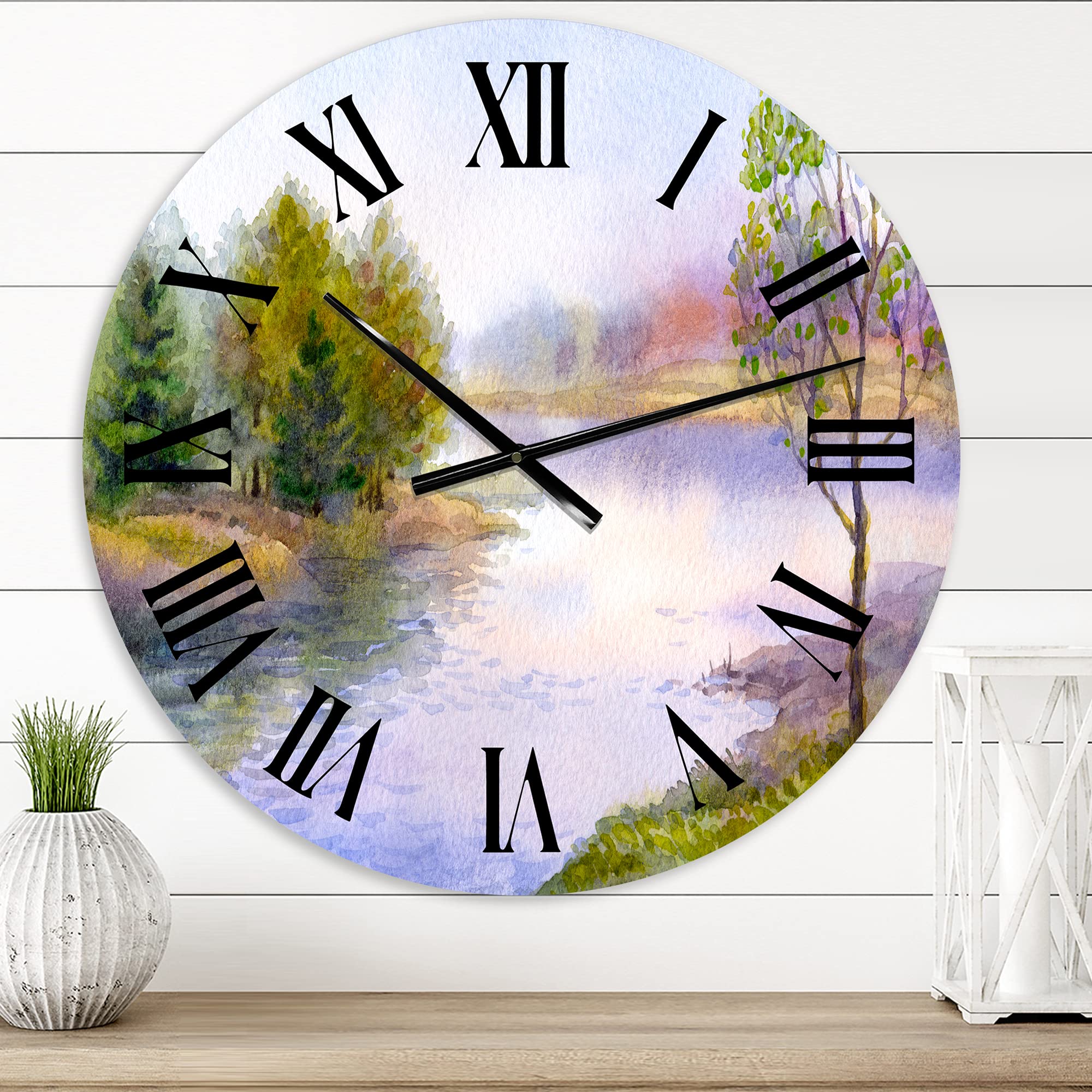 DesignQ Lake House Wall Clock - 'Single Tree On The Bank of River' Large Nature Landscape Wall Clock for Home, Office & Living Room Decor | Perfect for Farmhouse, Rustic & Coastal Interior Design