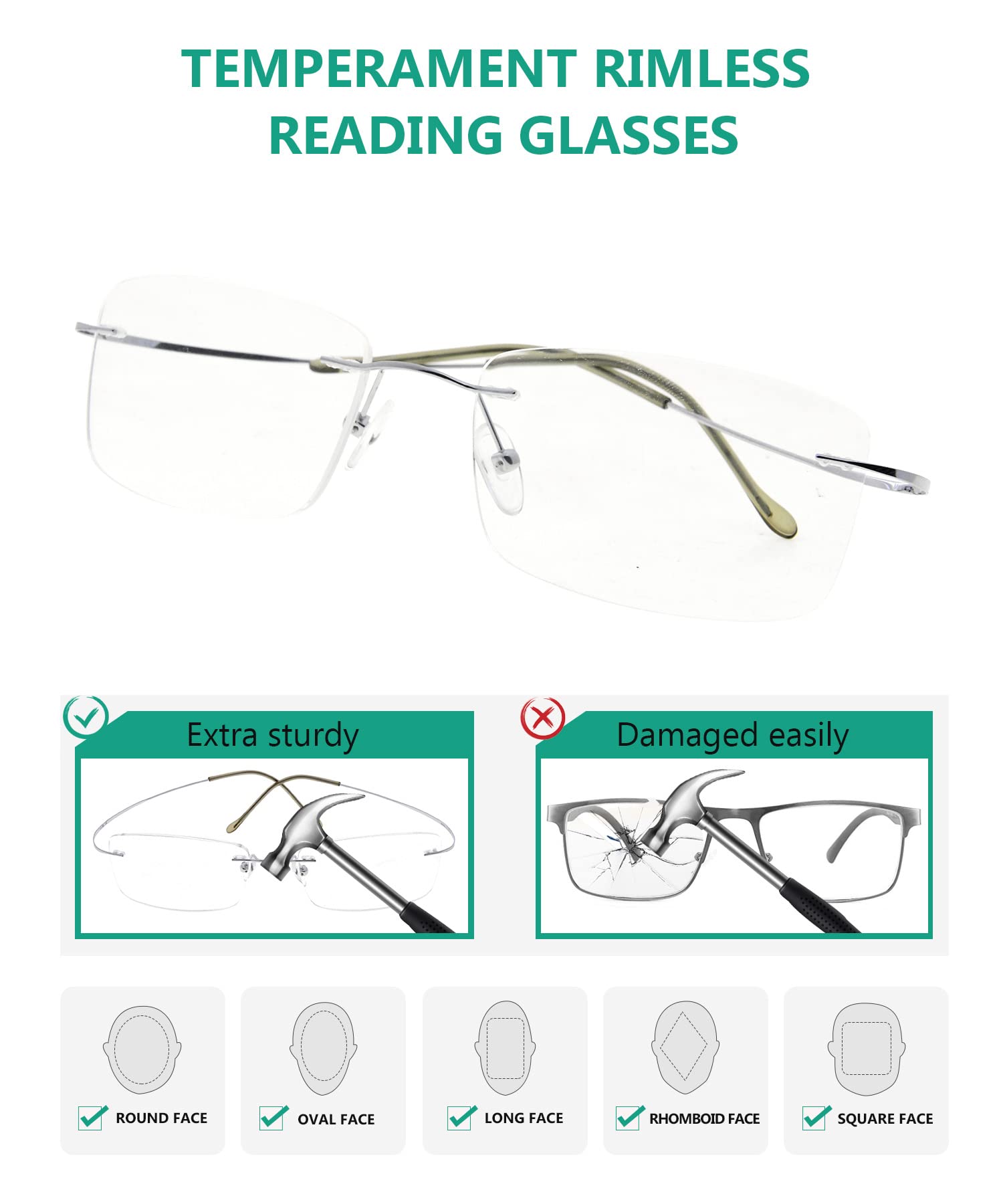 Titanium Rimless Reading Glasses for Men +1.00 Strength - Lightweight Silver Eyewear for Reading, Computer Use & Office Work