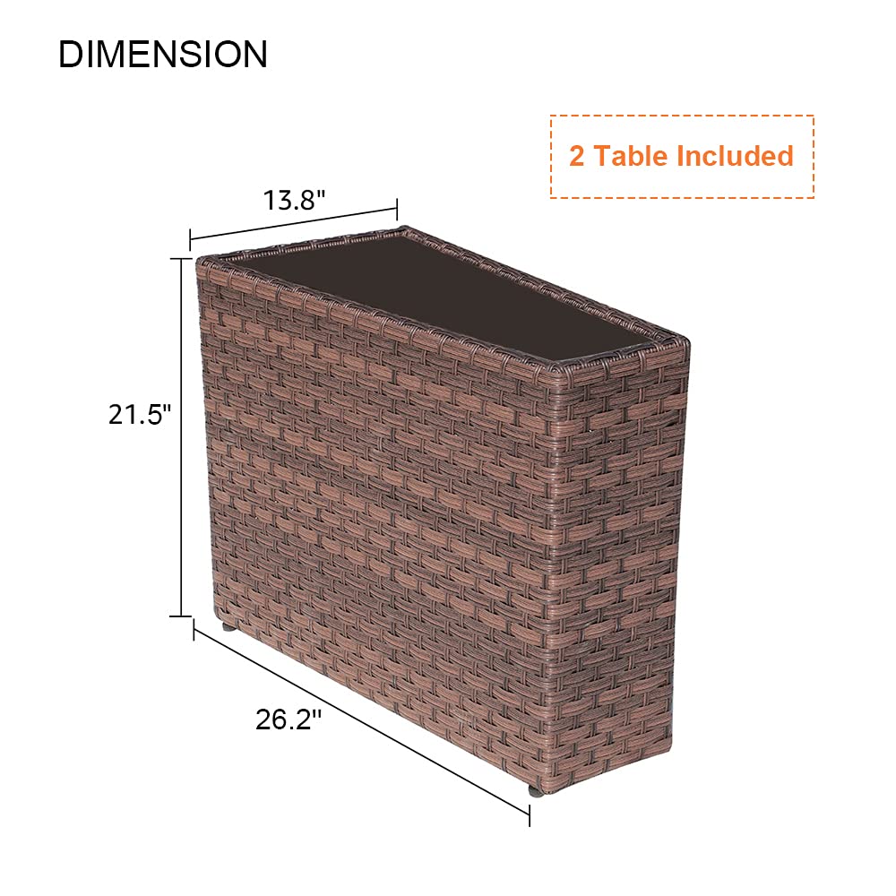 SUNSITT 2-Pack Rattan PE Resin Wicker Patio Side Tables with Tempered Glass Top - Brown Wedge End Tables for Living Room, Balcony & Outdoor Furniture Decor