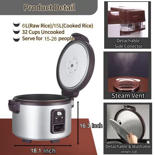 15.8QT Large Commercial Rice Cooker - 84 Cups Cooked / 32 Cups Uncooked - Electric Rice Warmer for 60-70 People - One-Touch Operation - Perfect for Restaurants, Catering & Large Gatherings