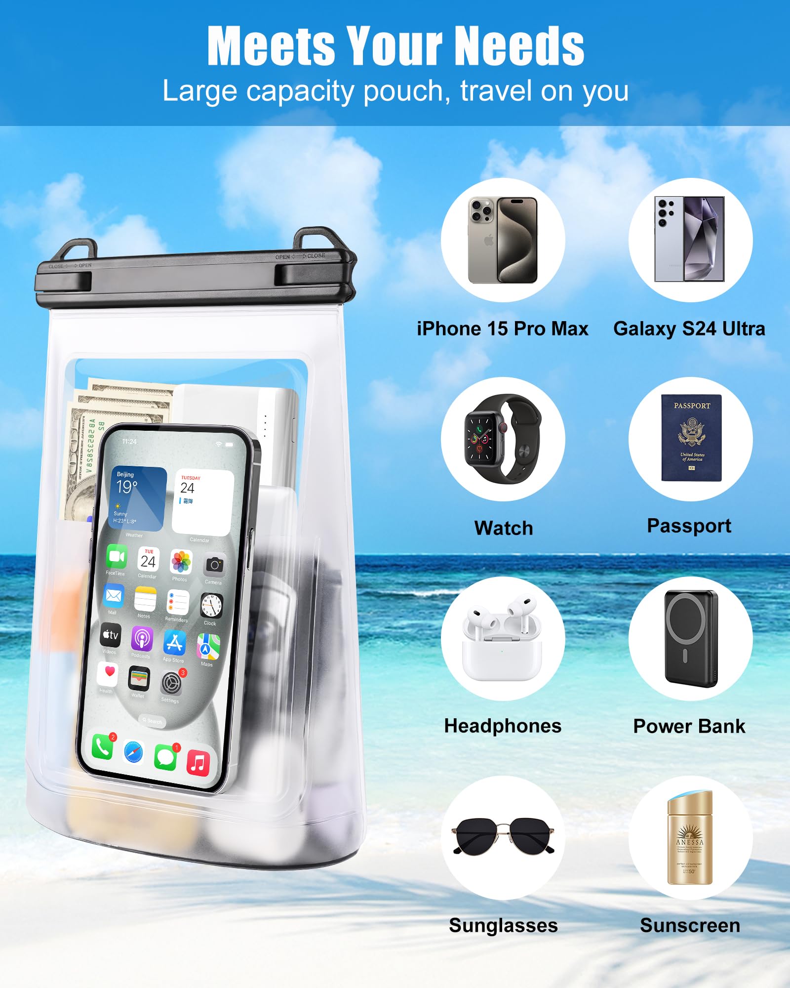 2L Waterproof Phone Pouch for iPhone 16 15 14 11 Pro Max & Galaxy S24 S21 - Floating Dry Bag with Large Capacity - Waterproof Phone Case for Beach, Swimming, Kayaking, Boating, Snorkeling - Stores Phone, Keys, Sunscreen & Sunglasses Safely