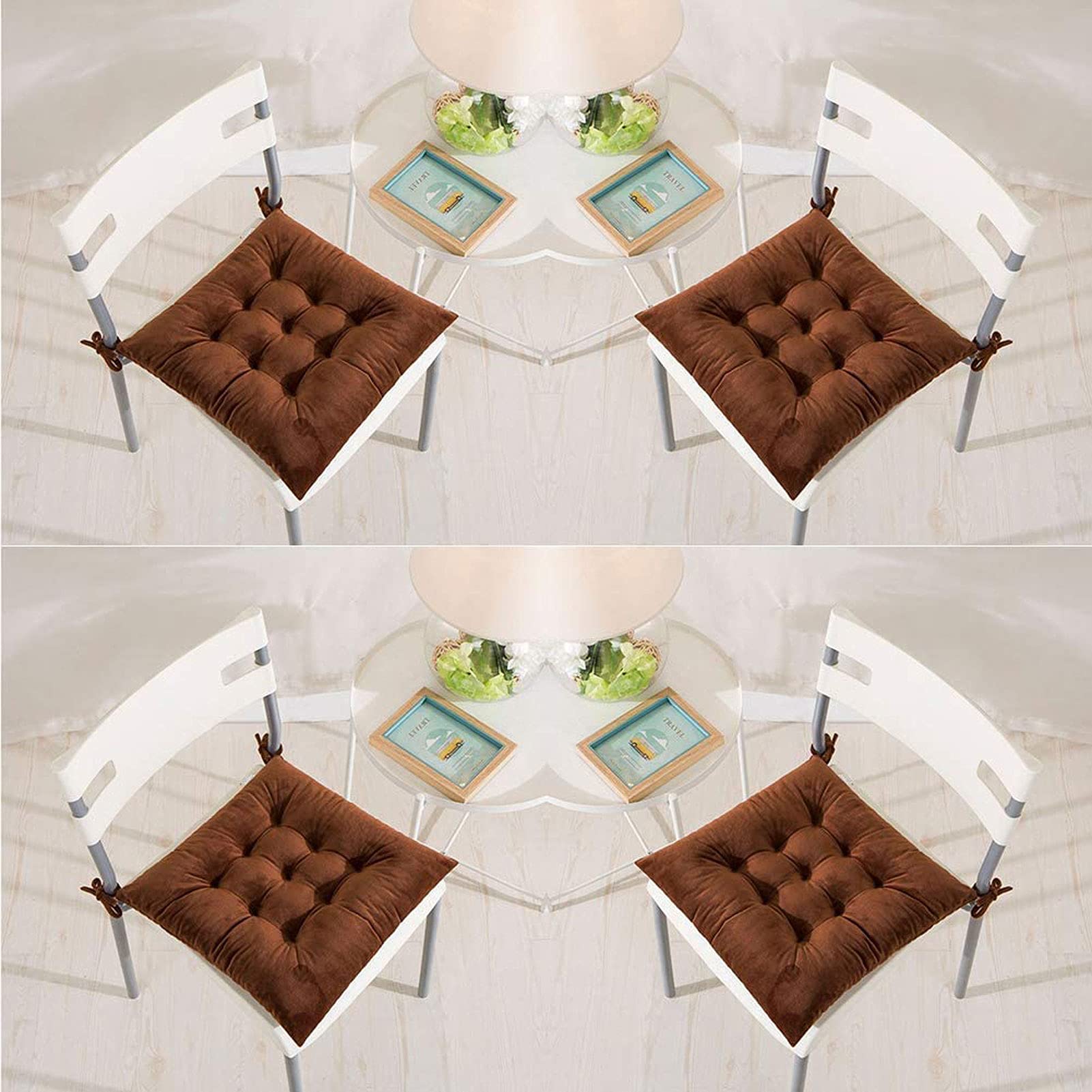 4-Pack 40x40cm Velvet Square Chair Cushions with Ties - Soft Comfortable Seat Pads for Dining Chairs, Kitchen, Living Room, Patio & Garden - Indoor/Outdoor Use - Burgundy & Brown - Perfect for Home Decor & Outdoor Relaxation