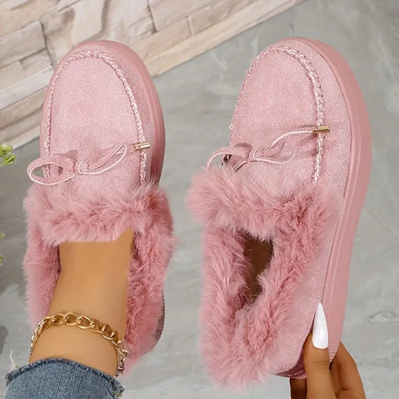 Bow Furry Round Toe Flat Slip Ons - Women's Comfortable Casual Loafers for Home, Office & Outdoor Wear