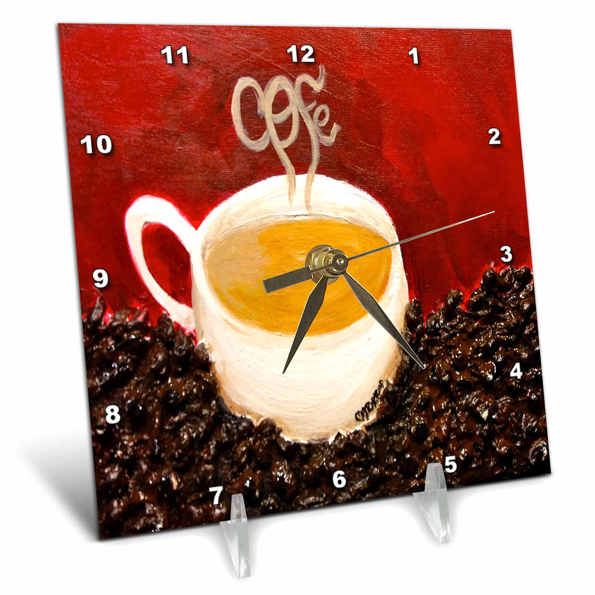 3D Rose Coffee Art Desk Clock - White Cup & Beans Design for Office Decor