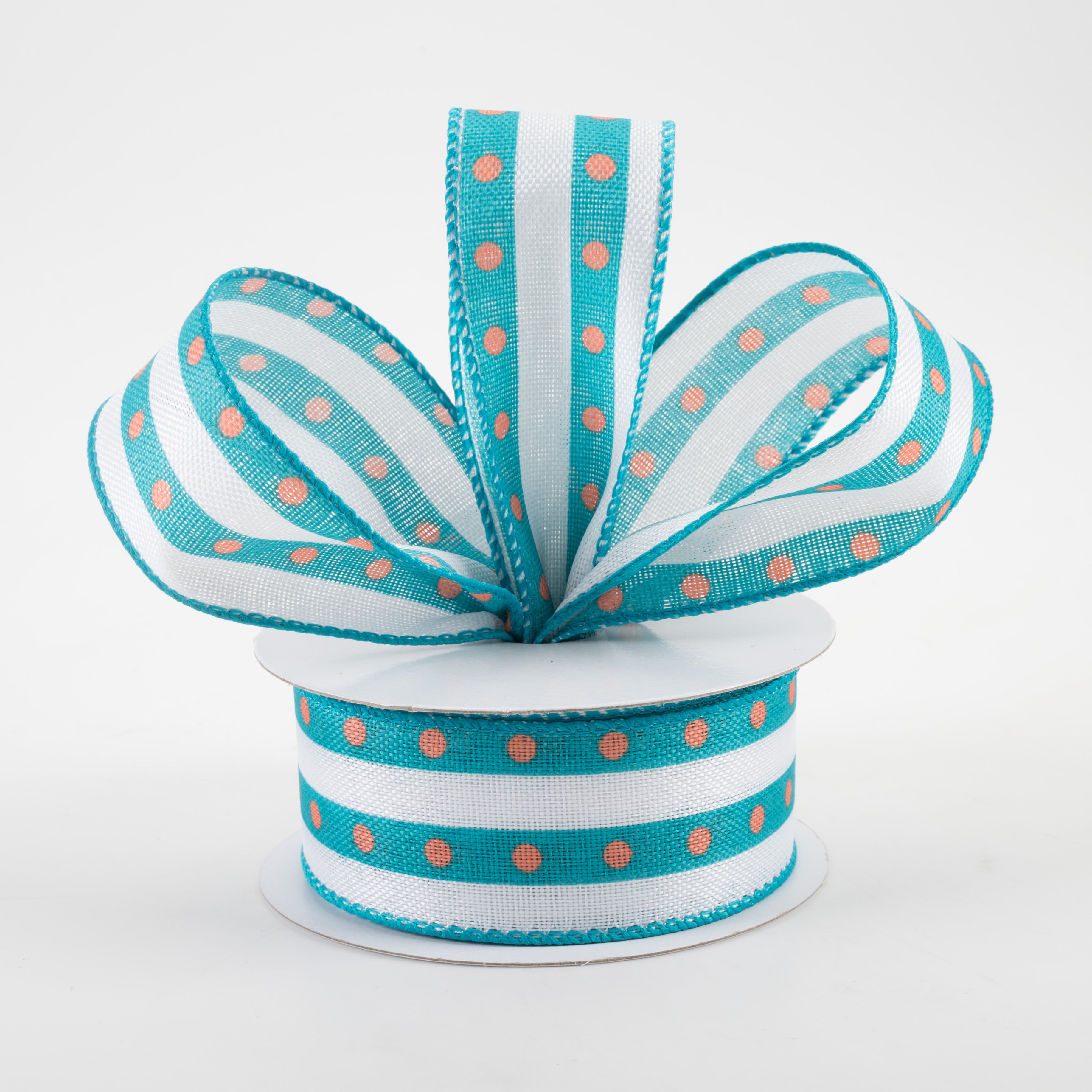1.5 Inch Dot Stripe Linen Ribbon - White, Teal, Coral (10 Yards) for Gift Wrapping, DIY Crafts, Wedding Decorations & Scrapbooking